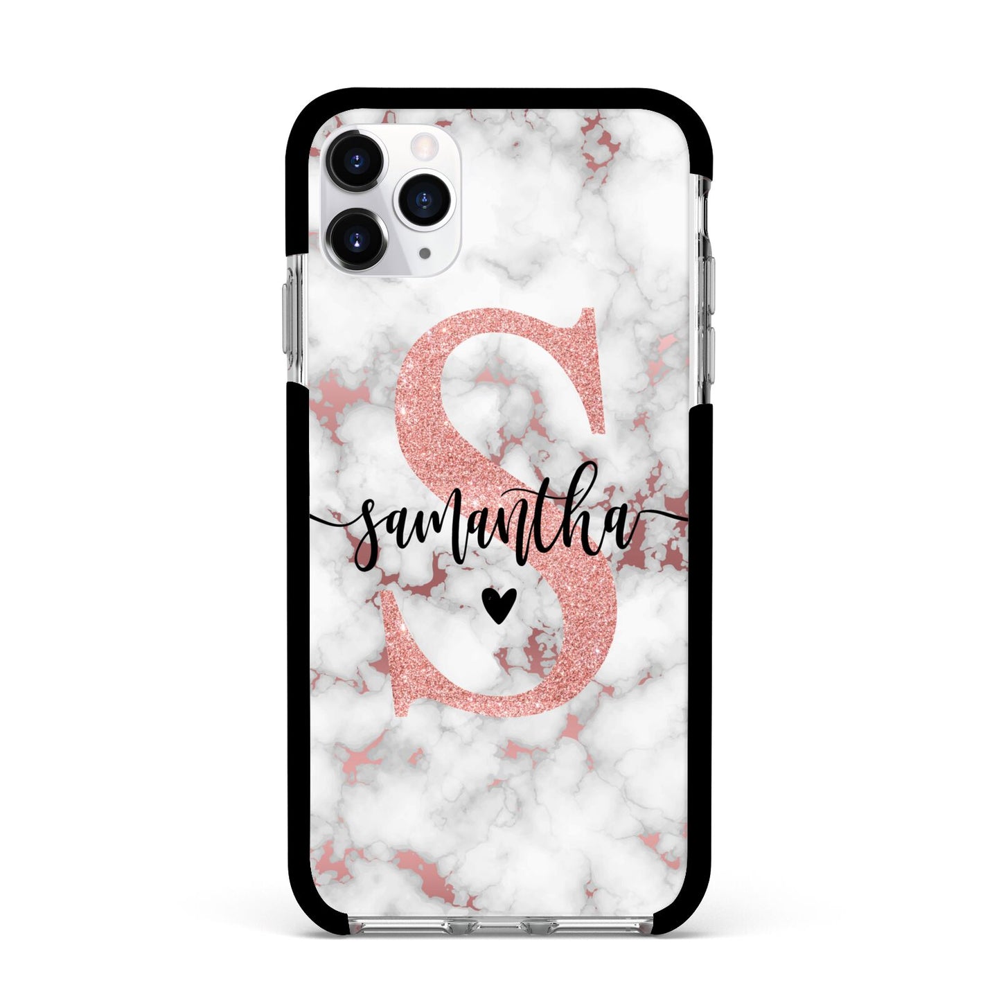 Rose Gold Personalised Marble Glitter Initial Name Apple iPhone 11 Pro Max in Silver with Black Impact Case