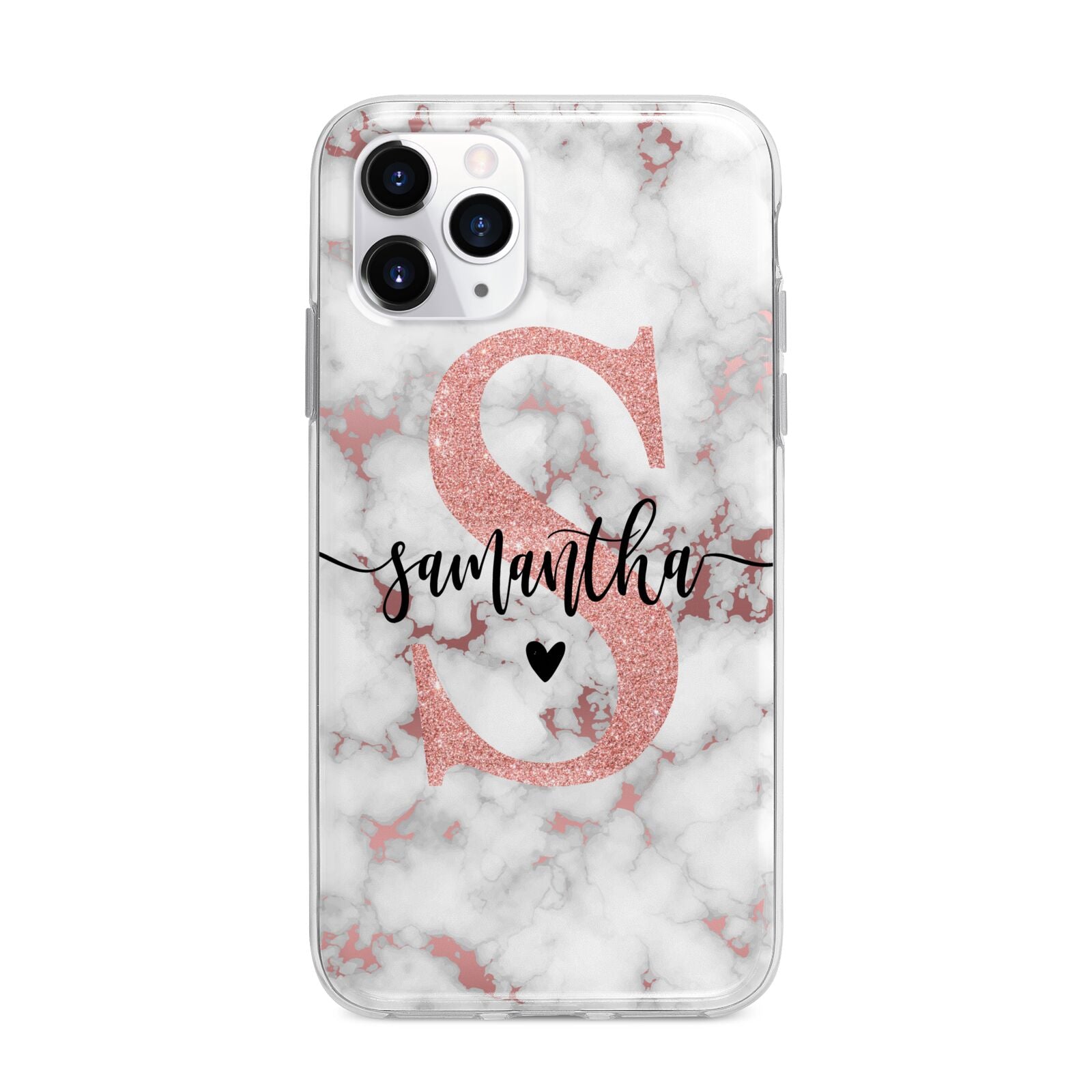 Rose Gold Personalised Marble Glitter Initial Name Apple iPhone 11 Pro Max in Silver with Bumper Case