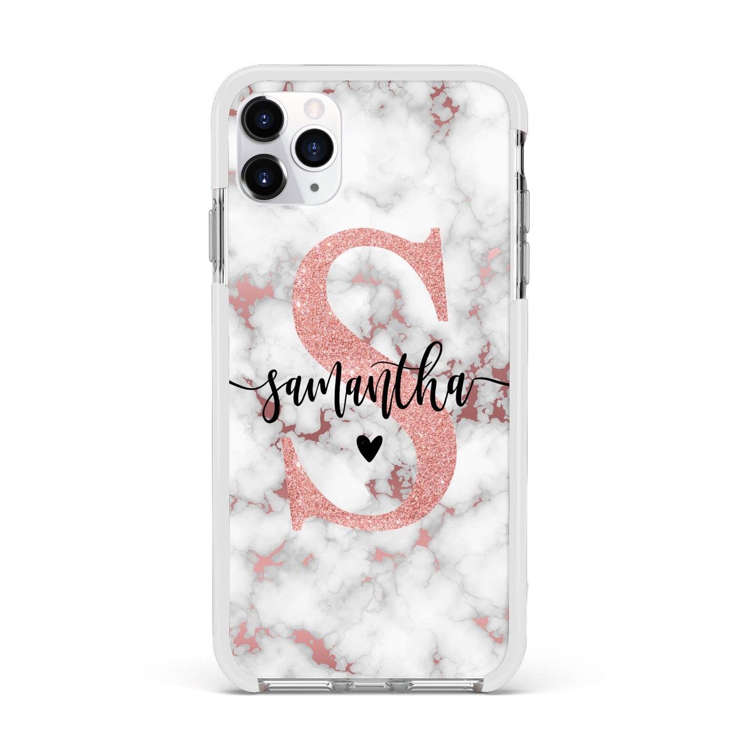 Rose Gold Personalised Marble Glitter Initial Name Apple iPhone 11 Pro Max in Silver with White Impact Case
