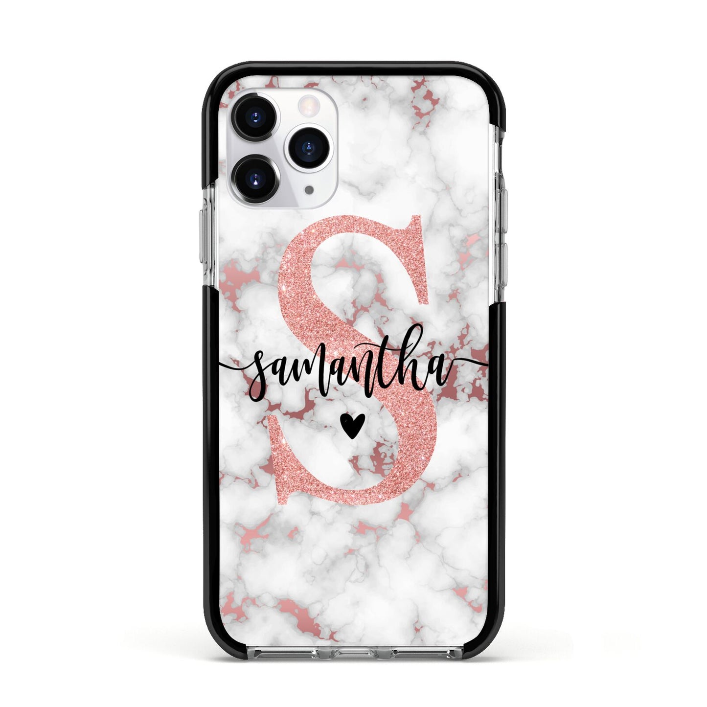 Rose Gold Personalised Marble Glitter Initial Name Apple iPhone 11 Pro in Silver with Black Impact Case