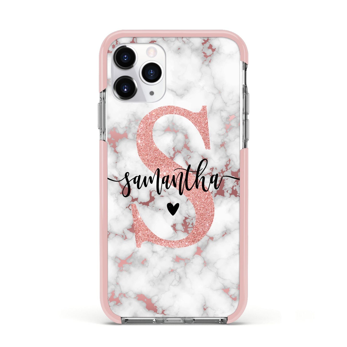 Rose Gold Personalised Marble Glitter Initial Name Apple iPhone 11 Pro in Silver with Pink Impact Case