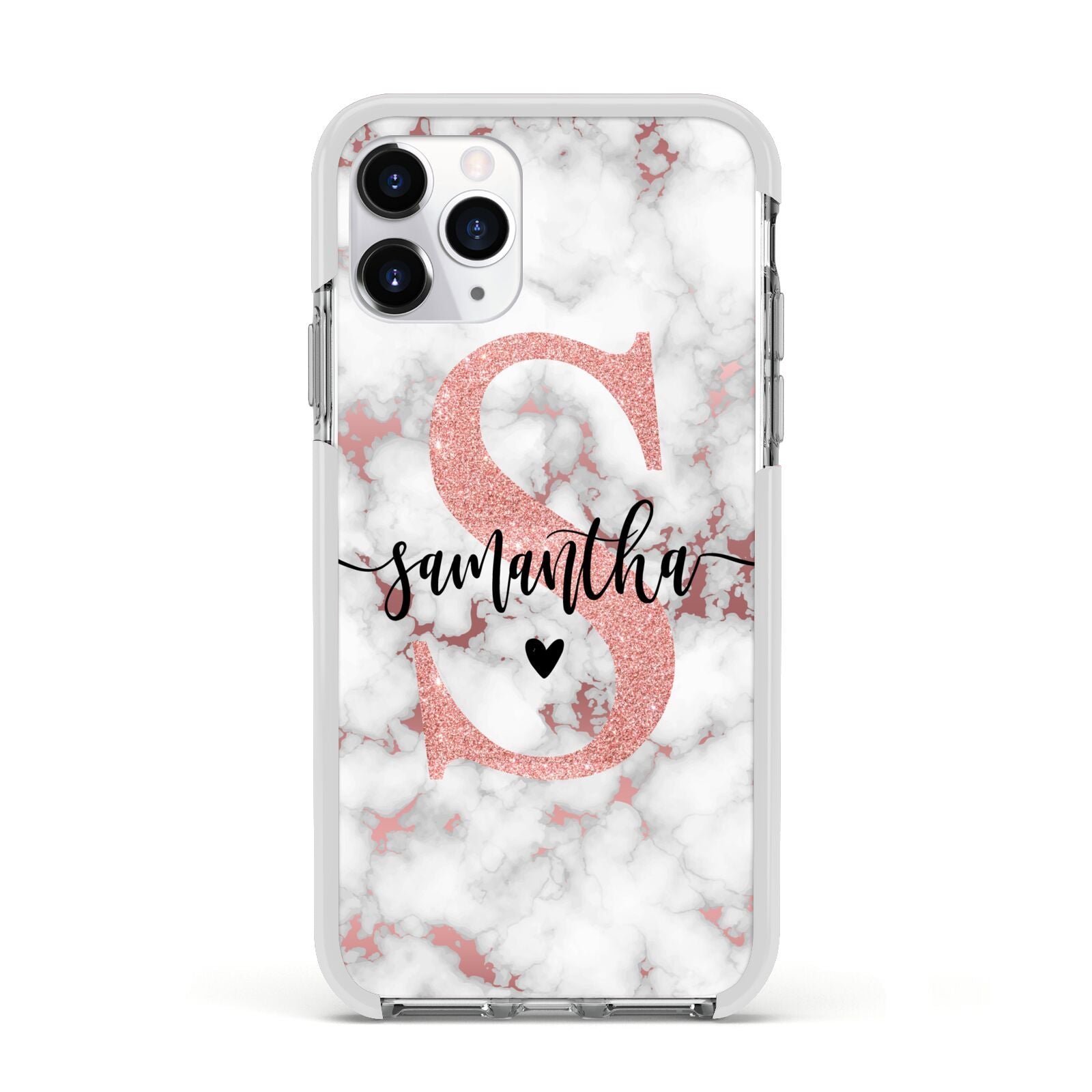 Rose Gold Personalised Marble Glitter Initial Name Apple iPhone 11 Pro in Silver with White Impact Case