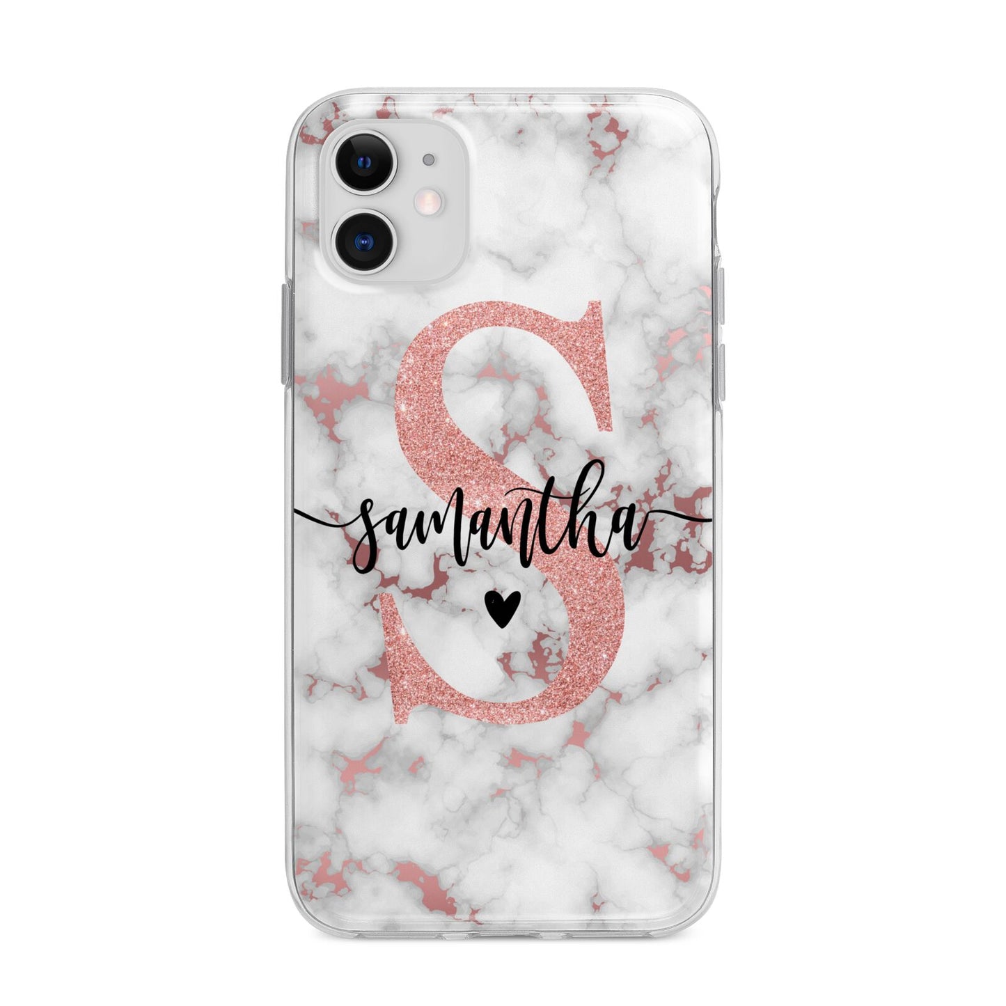 Rose Gold Personalised Marble Glitter Initial Name Apple iPhone 11 in White with Bumper Case