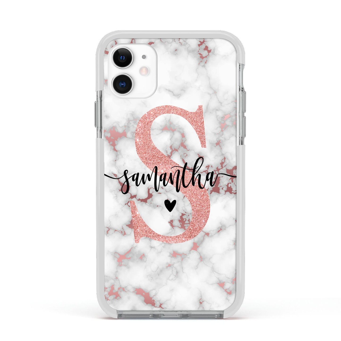Rose Gold Personalised Marble Glitter Initial Name Apple iPhone 11 in White with White Impact Case