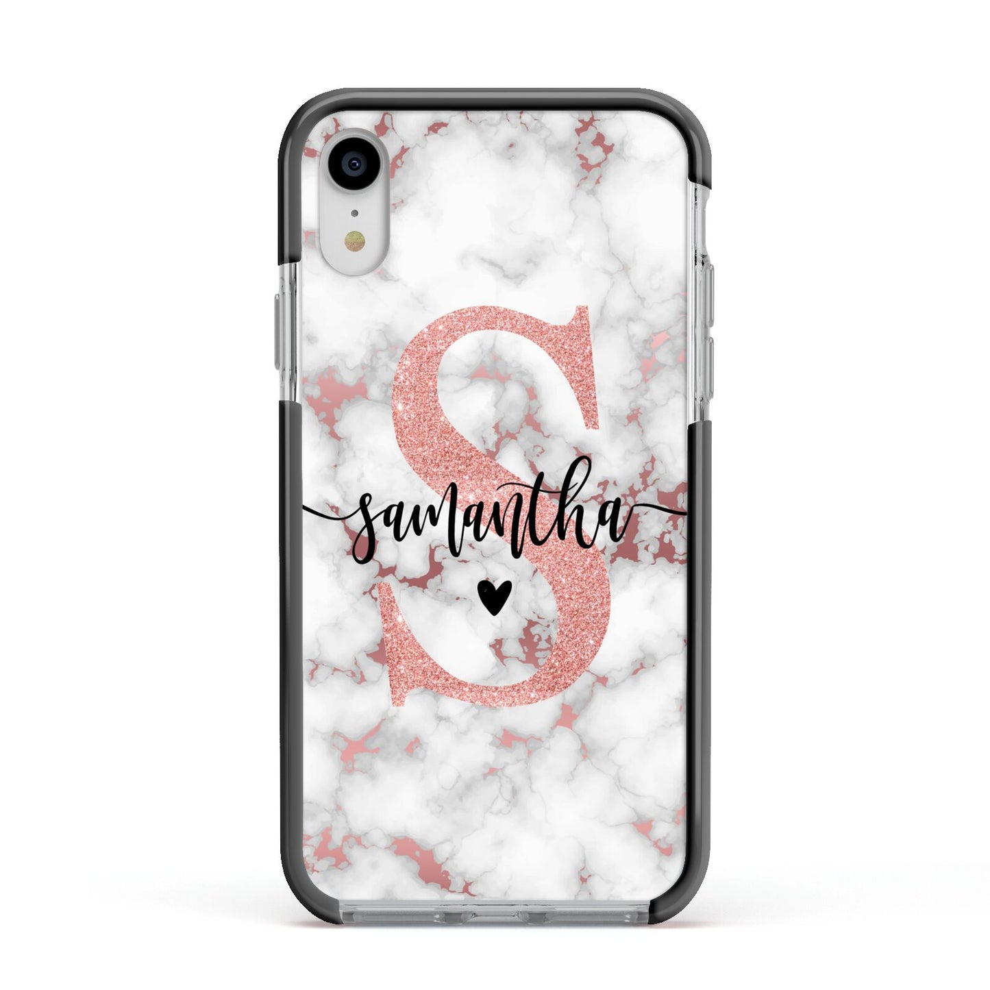 Rose Gold Personalised Marble Glitter Initial Name Apple iPhone XR Impact Case Black Edge on Silver Phone