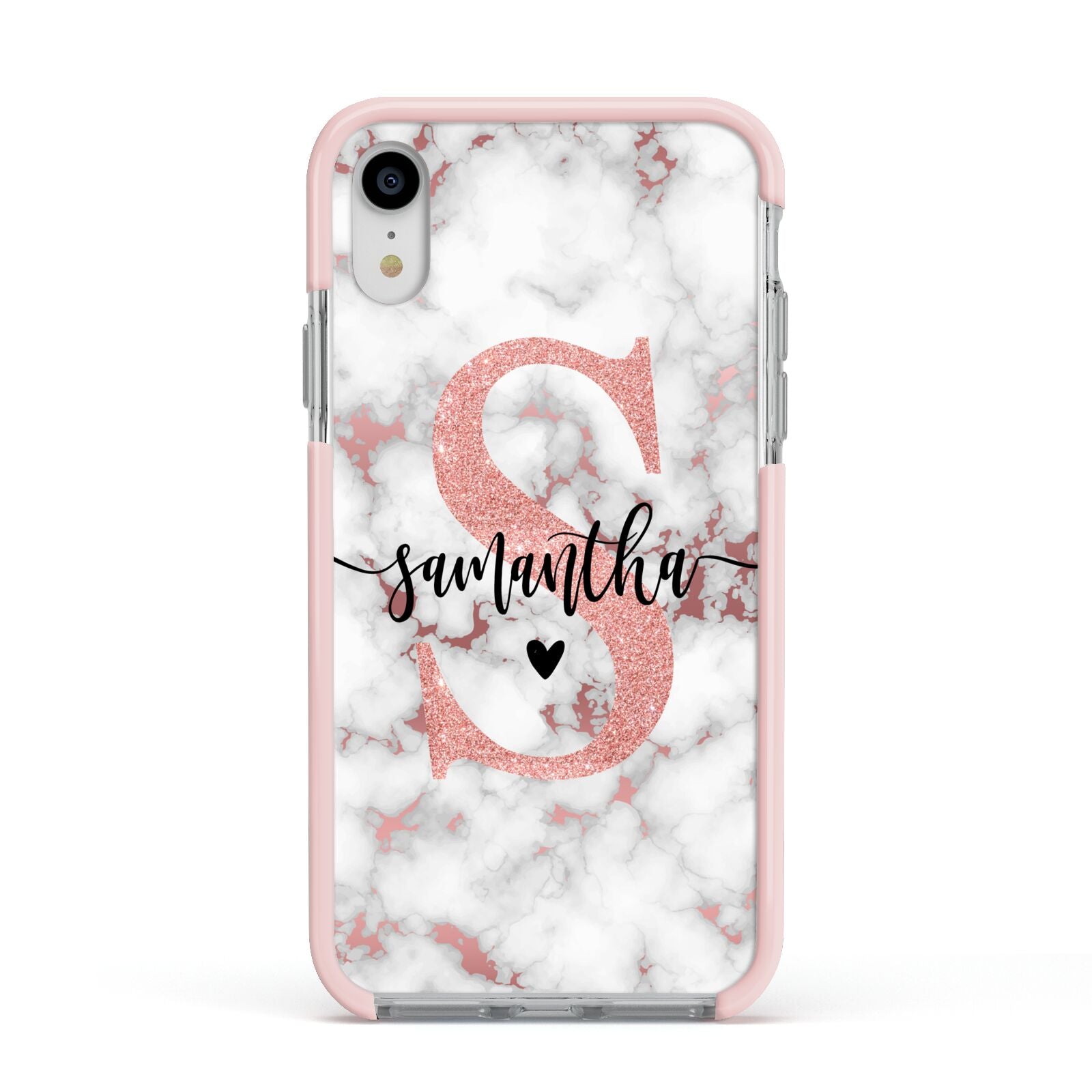 Rose Gold Personalised Marble Glitter Initial Name Apple iPhone XR Impact Case Pink Edge on Silver Phone