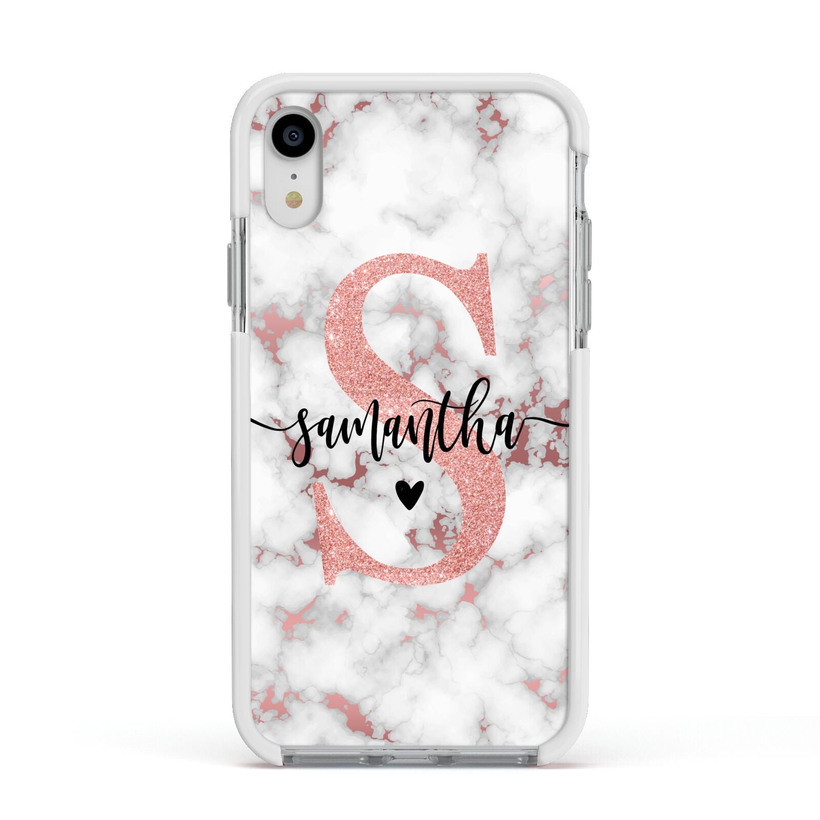 Rose Gold Personalised Marble Glitter Initial Name Apple iPhone XR Impact Case White Edge on Silver Phone