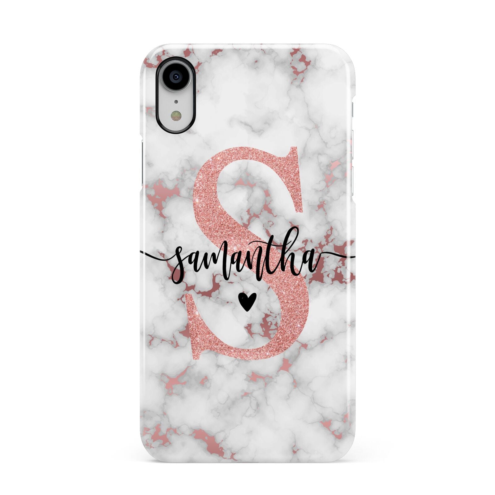Rose Gold Personalised Marble Glitter Initial Name Apple iPhone XR White 3D Snap Case