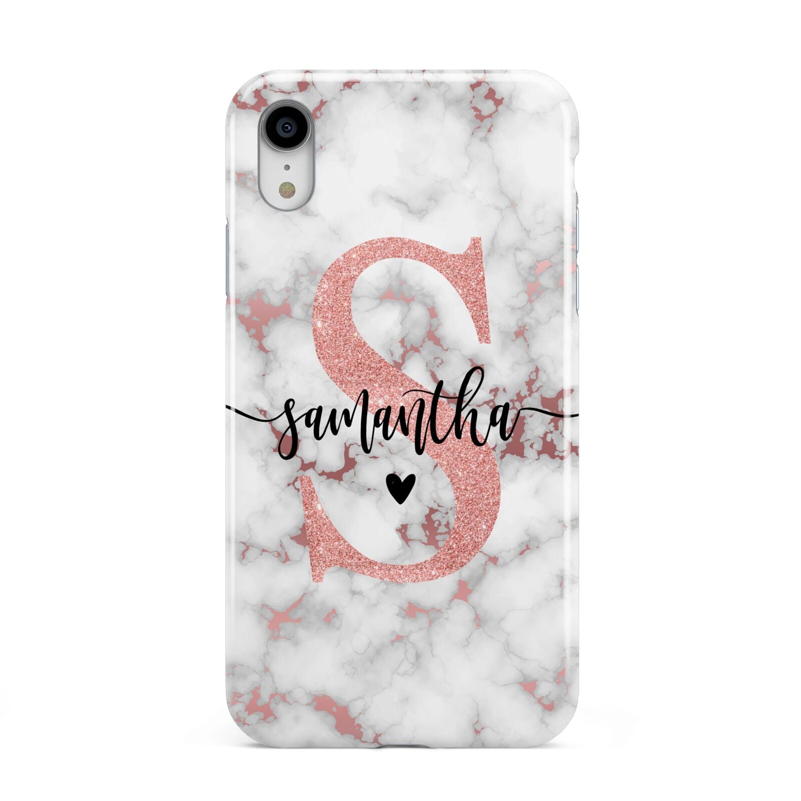 Rose Gold Personalised Marble Glitter Initial Name Apple iPhone XR White 3D Tough Case