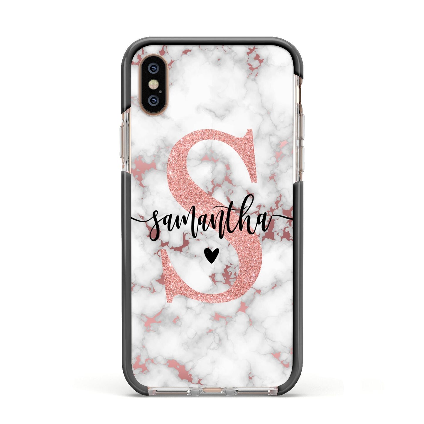 Rose Gold Personalised Marble Glitter Initial Name Apple iPhone Xs Impact Case Black Edge on Gold Phone