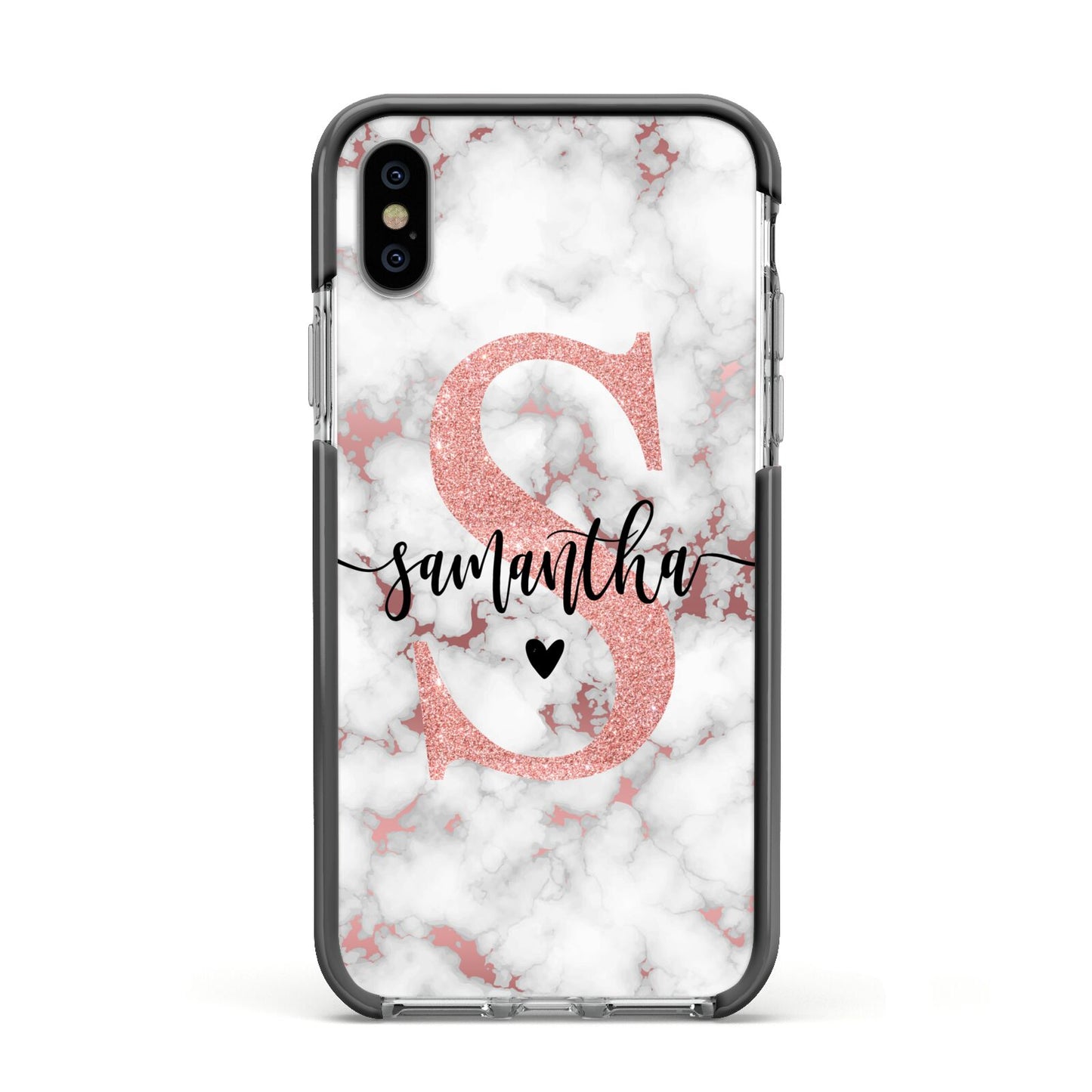 Rose Gold Personalised Marble Glitter Initial Name Apple iPhone Xs Impact Case Black Edge on Silver Phone
