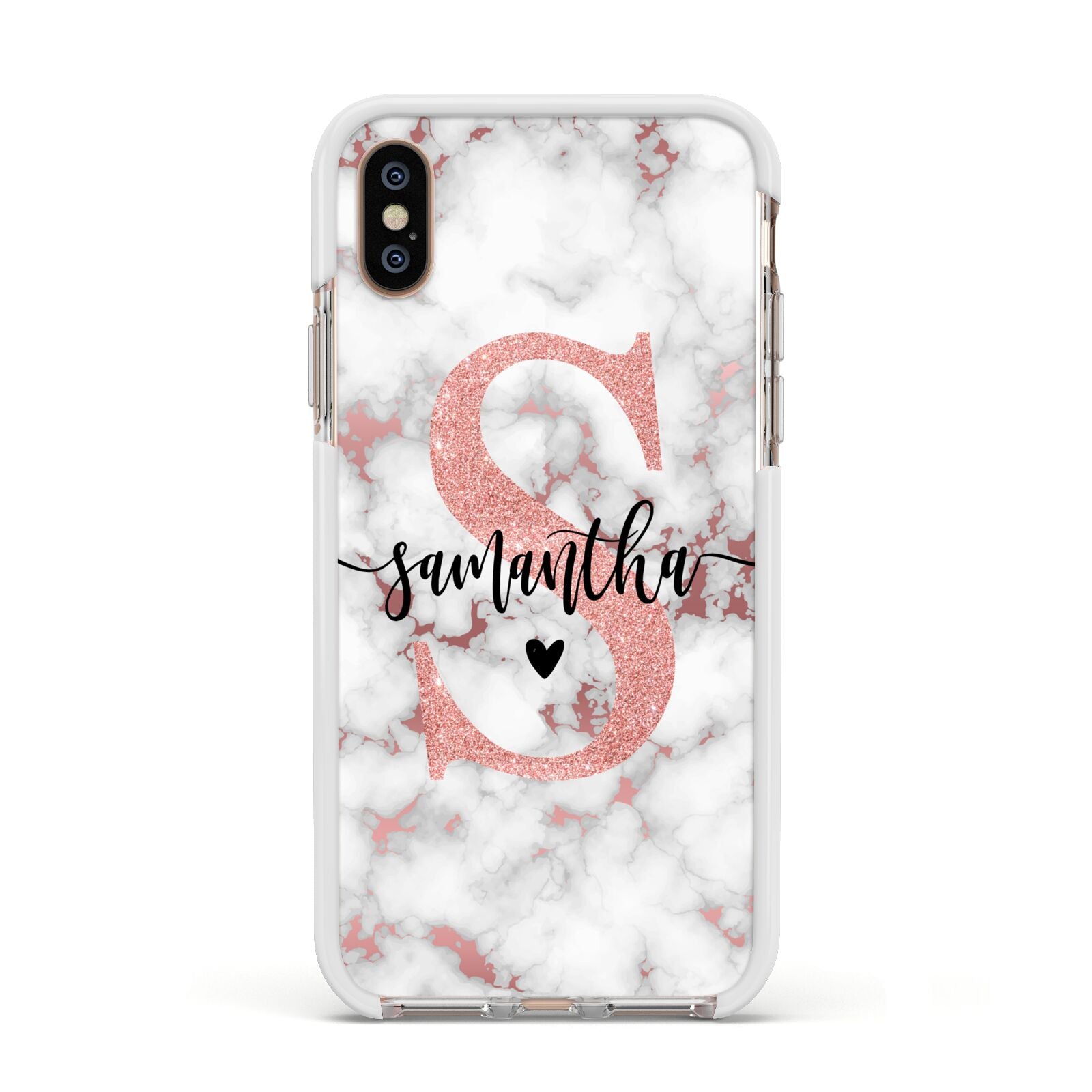 Rose Gold Personalised Marble Glitter Initial Name Apple iPhone Xs Impact Case White Edge on Gold Phone