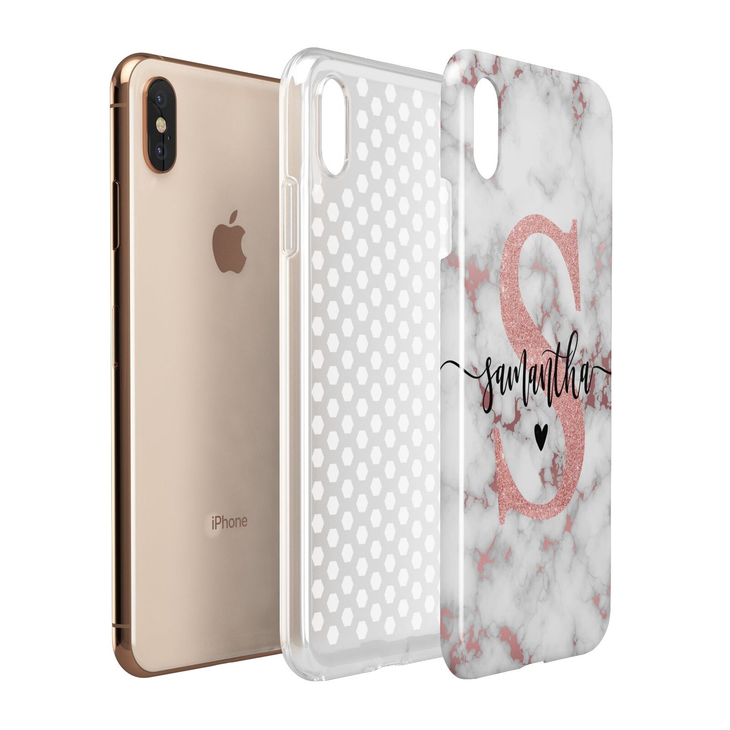 Rose Gold Personalised Marble Glitter Initial Name Apple iPhone Xs Max 3D Tough Case Expanded View