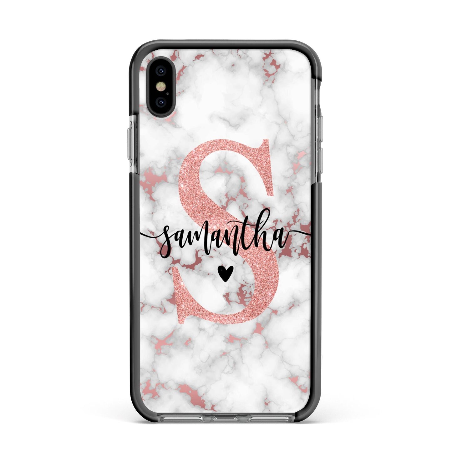 Rose Gold Personalised Marble Glitter Initial Name Apple iPhone Xs Max Impact Case Black Edge on Black Phone