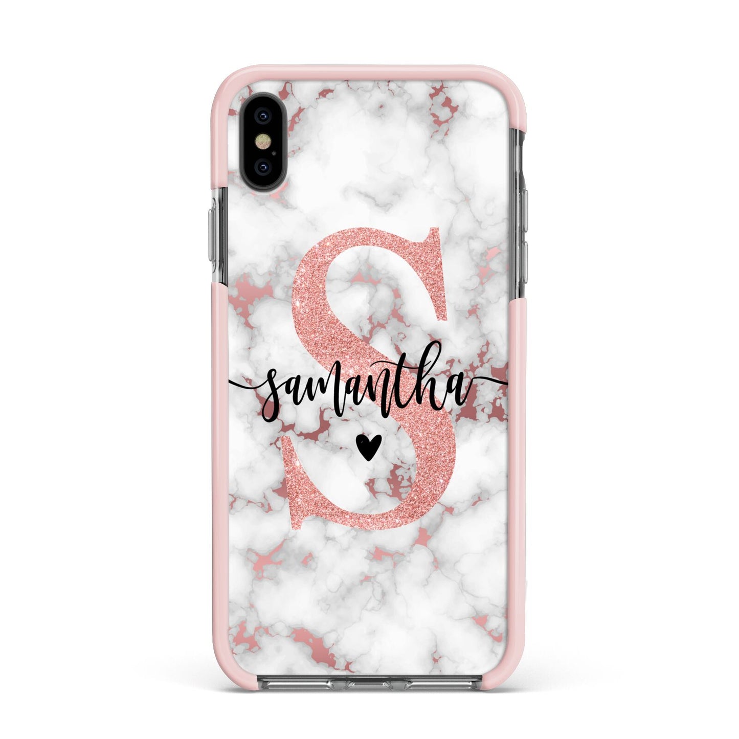 Rose Gold Personalised Marble Glitter Initial Name Apple iPhone Xs Max Impact Case Pink Edge on Black Phone