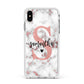 Rose Gold Personalised Marble Glitter Initial Name Apple iPhone Xs Max Impact Case White Edge on Silver Phone