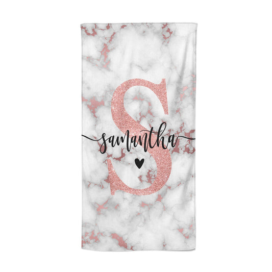 Rose Gold Personalised Marble Glitter Initial Name Beach Towel
