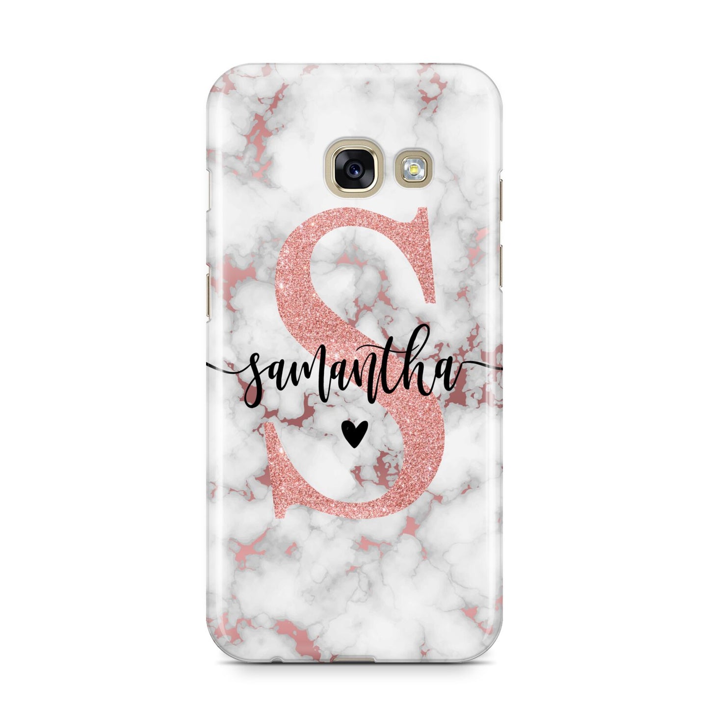 Rose Gold Personalised Marble Glitter Initial Name Samsung Galaxy A3 2017 Case on gold phone