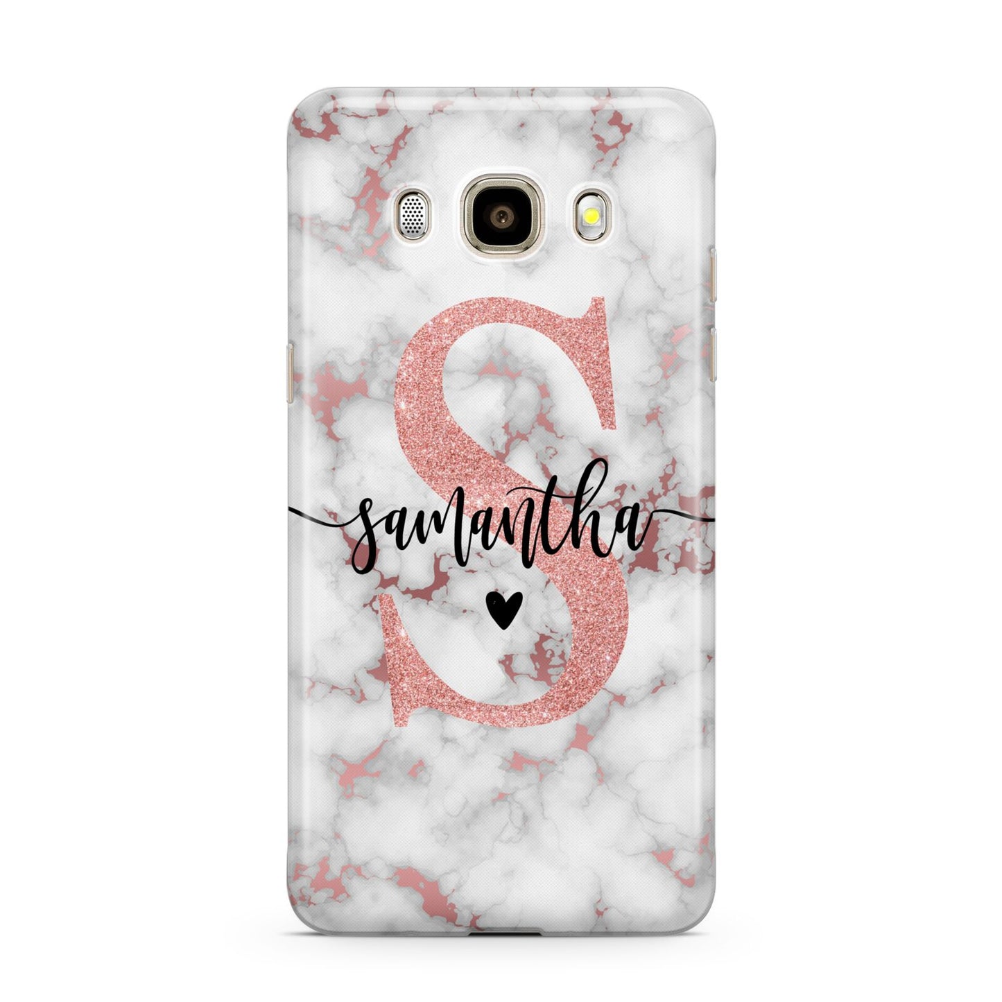 Rose Gold Personalised Marble Glitter Initial Name Samsung Galaxy J7 2016 Case on gold phone