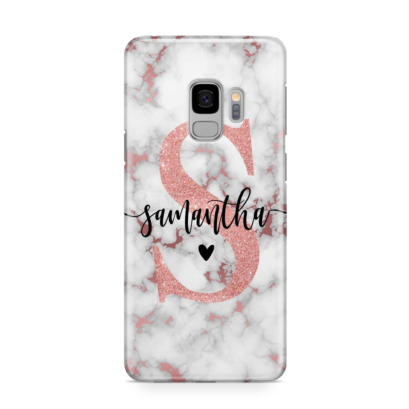 Rose Gold Personalised Marble Glitter Initial Name Samsung Galaxy S9 Case