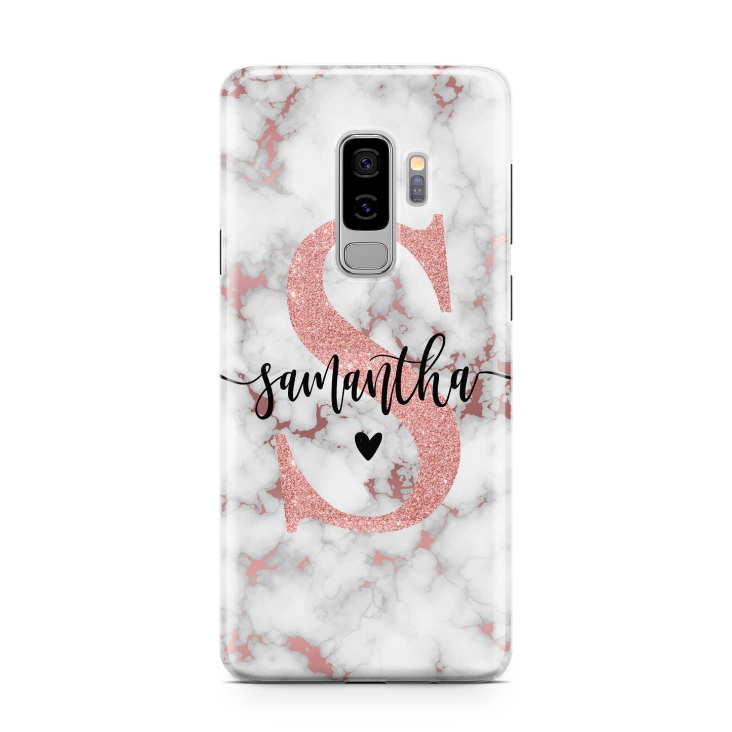 Rose Gold Personalised Marble Glitter Initial Name Samsung Galaxy S9 Plus Case on Silver phone