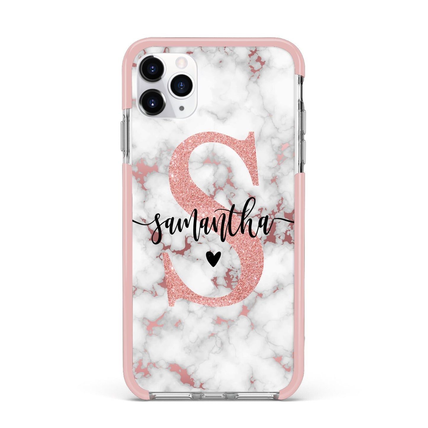 Rose Gold Personalised Marble Glitter Initial Name iPhone 11 Pro Max Impact Pink Edge Case