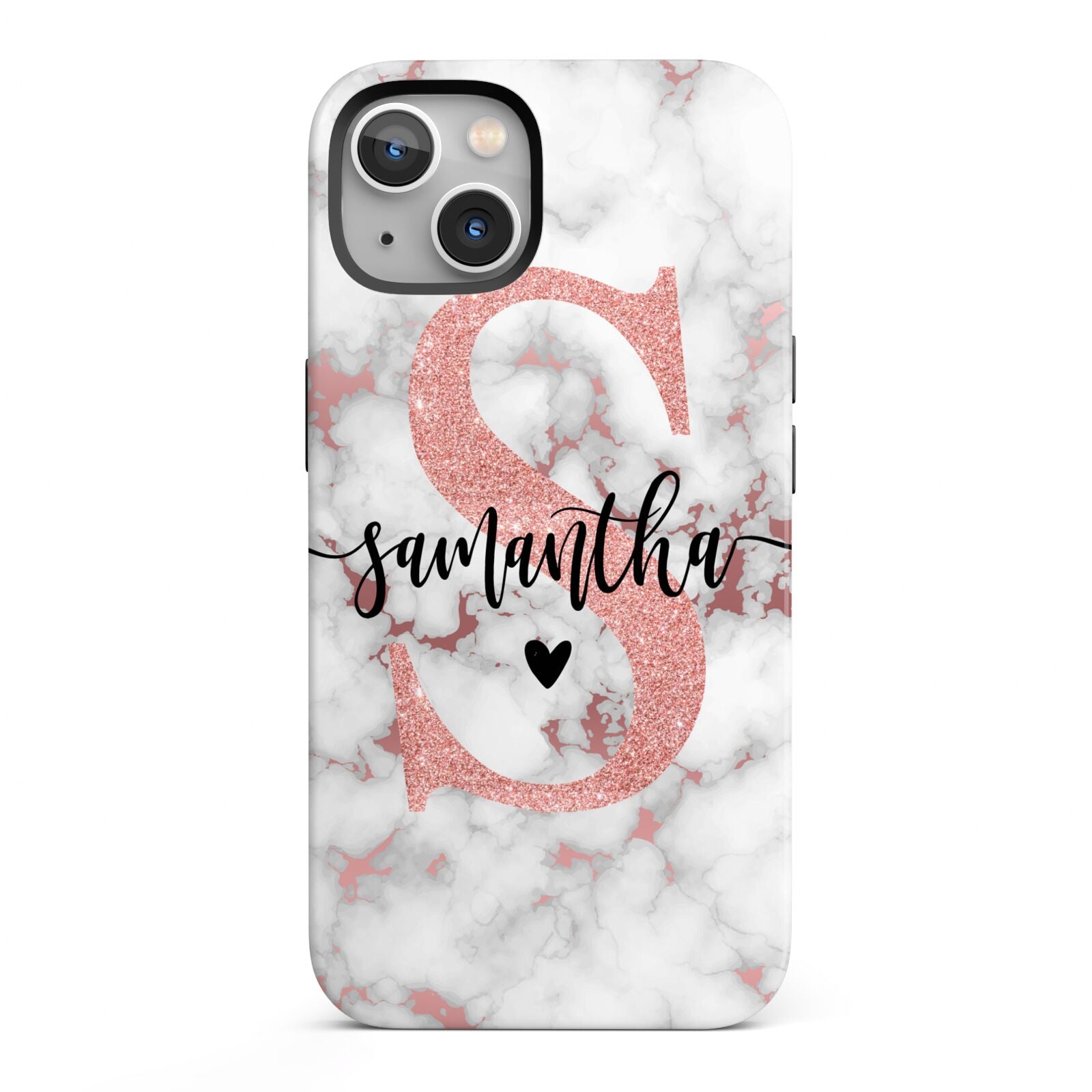 Rose Gold Personalised Marble Glitter Initial Name iPhone 13 Full Wrap 3D Tough Case