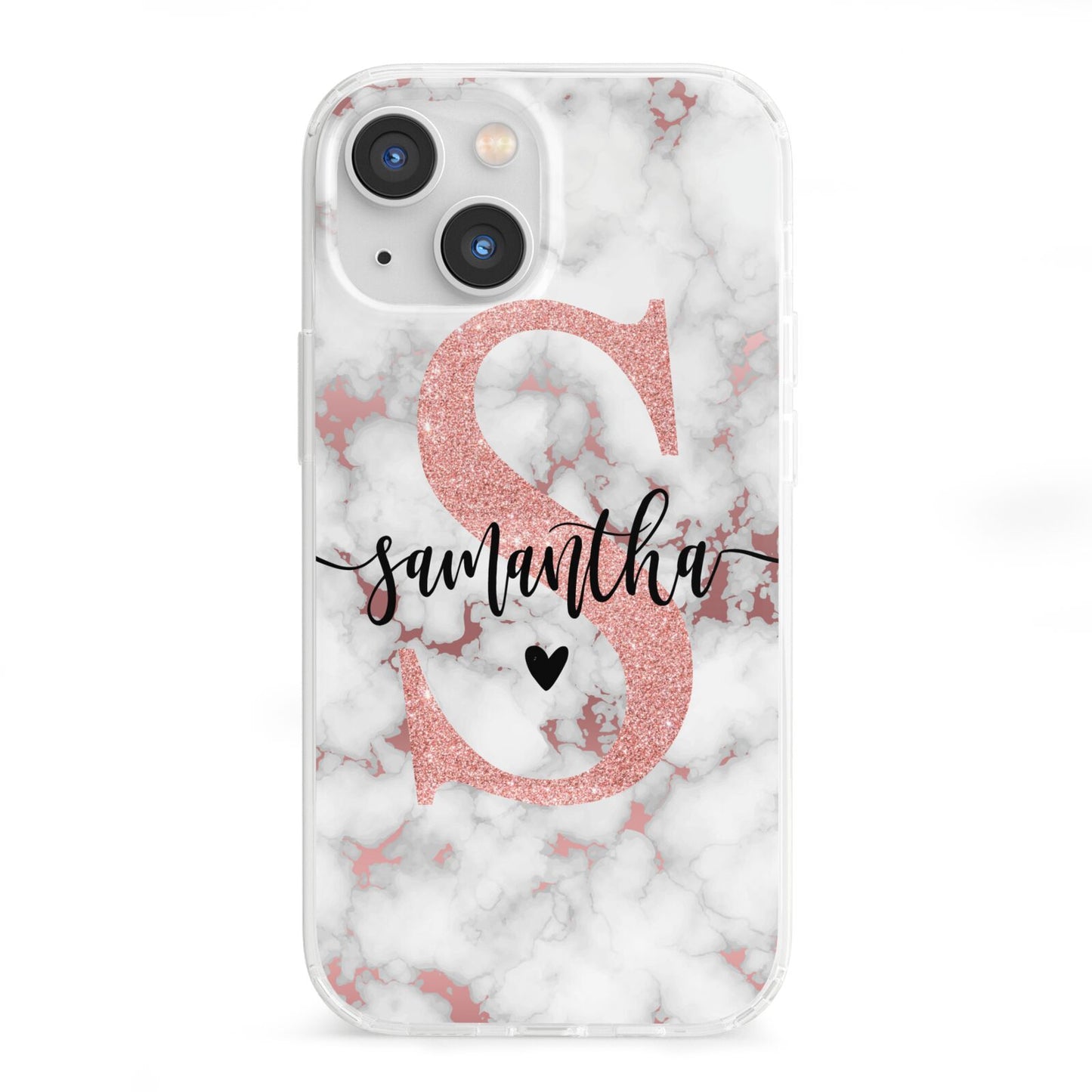 Rose Gold Personalised Marble Glitter Initial Name iPhone 13 Mini Clear Bumper Case