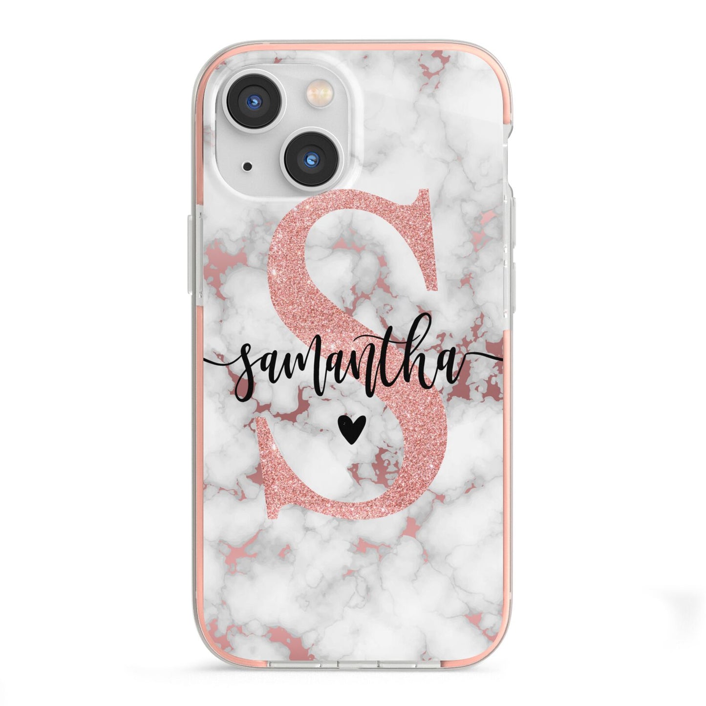 Rose Gold Personalised Marble Glitter Initial Name iPhone 13 Mini TPU Impact Case with Pink Edges