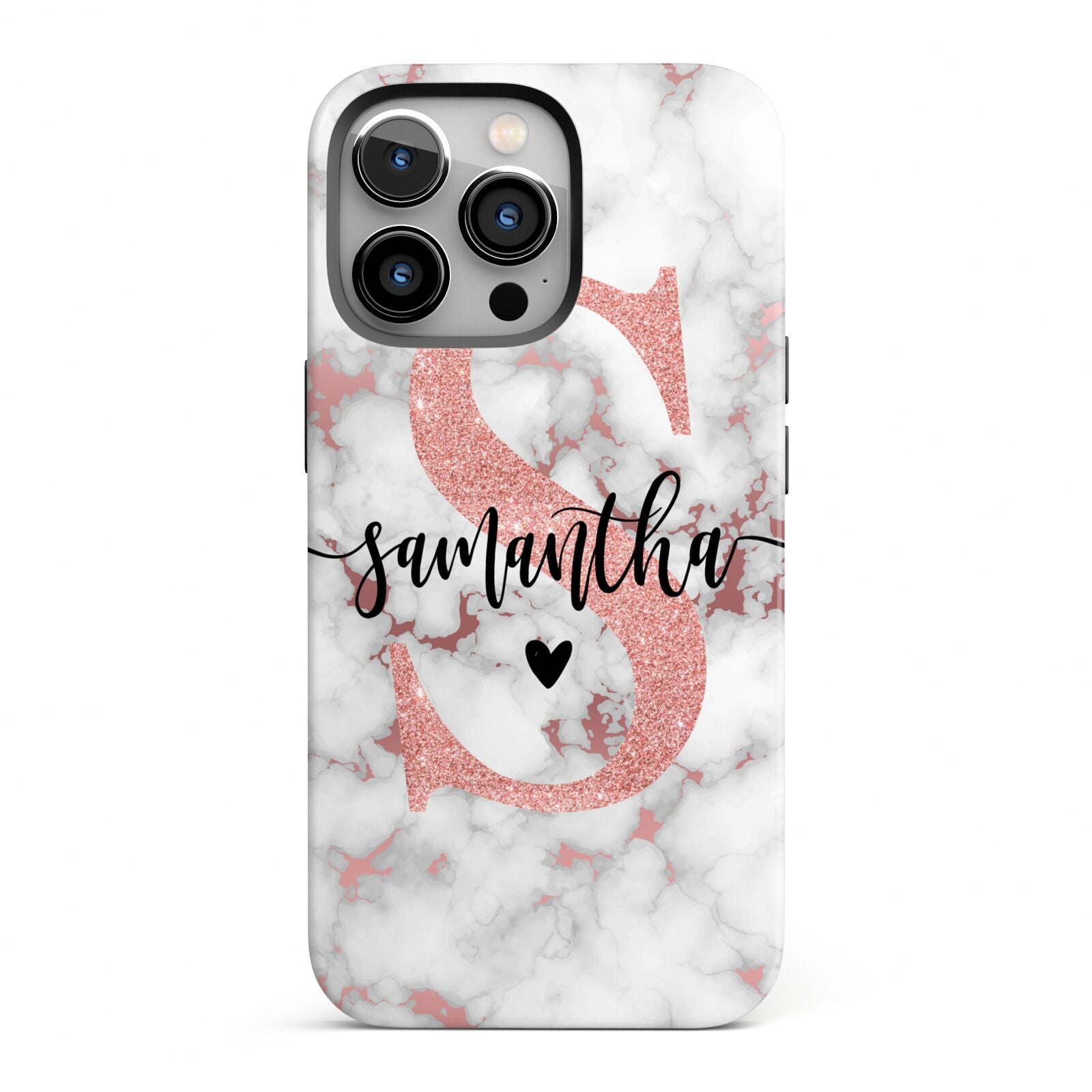 Rose Gold Personalised Marble Glitter Initial Name iPhone 13 Pro Full Wrap 3D Tough Case