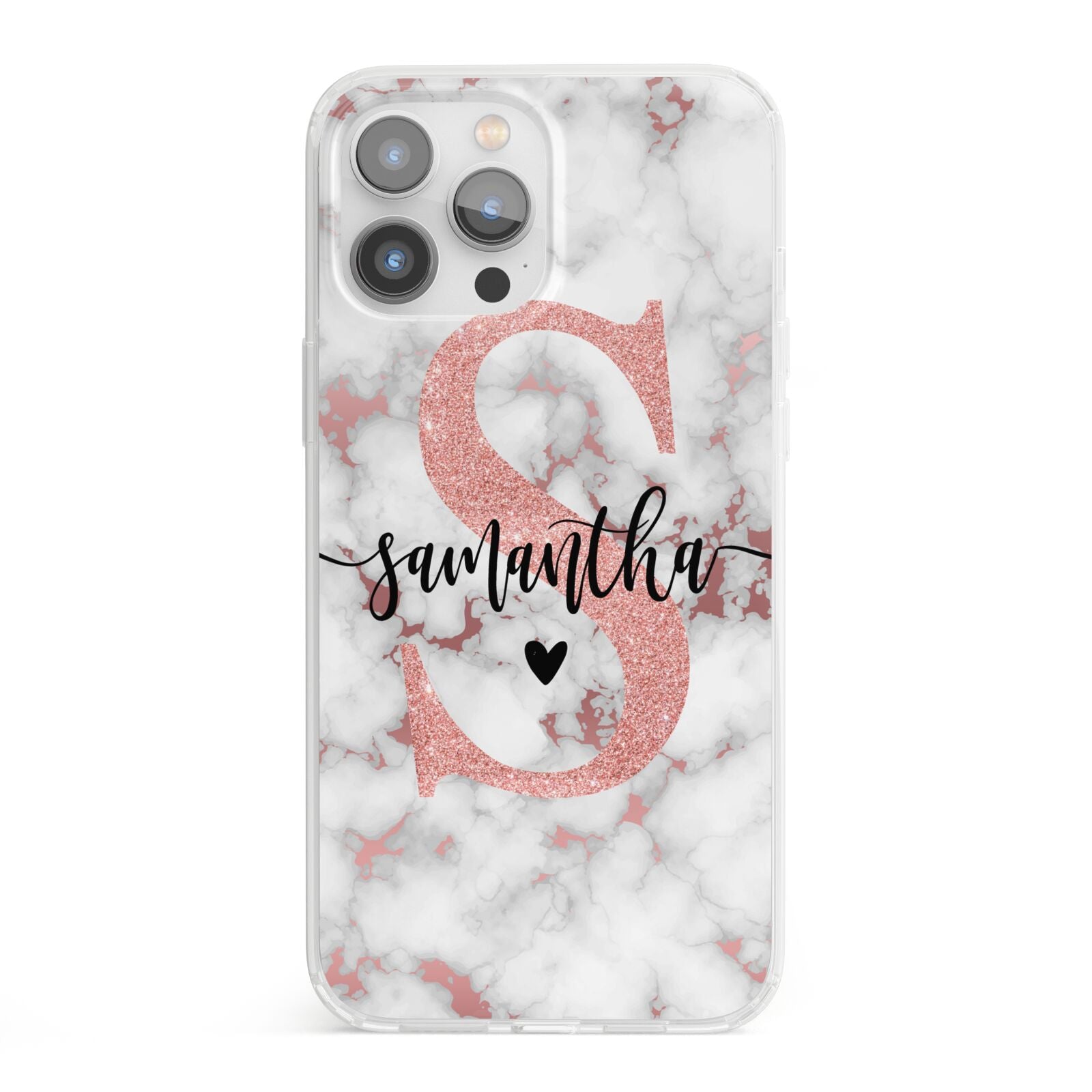 Rose Gold Personalised Marble Glitter Initial Name iPhone 13 Pro Max Clear Bumper Case