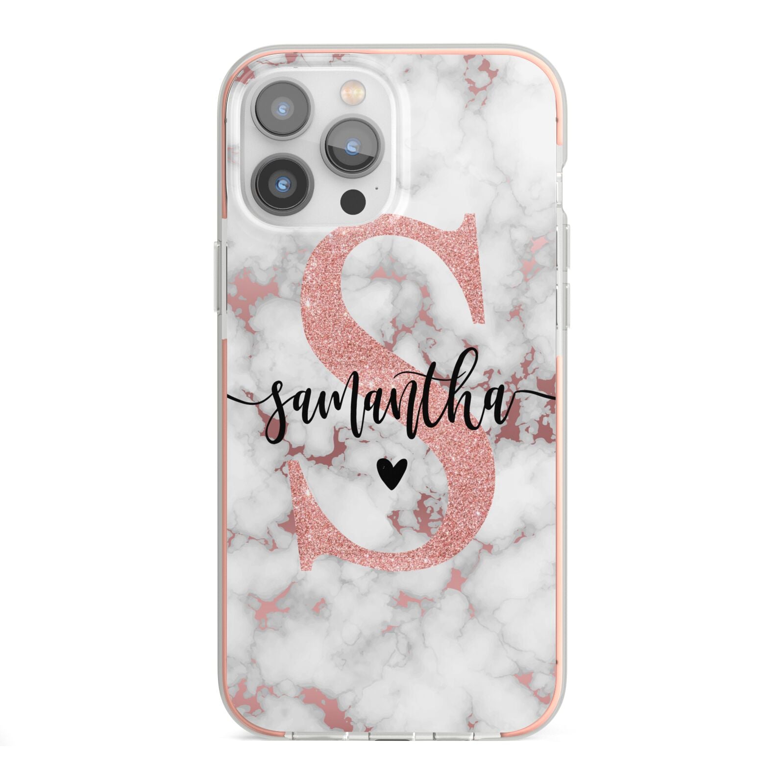 Rose Gold Personalised Marble Glitter Initial Name iPhone 13 Pro Max TPU Impact Case with Pink Edges