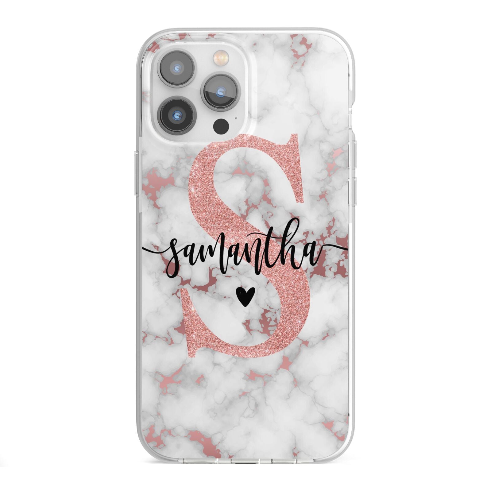 Rose Gold Personalised Marble Glitter Initial Name iPhone 13 Pro Max TPU Impact Case with White Edges