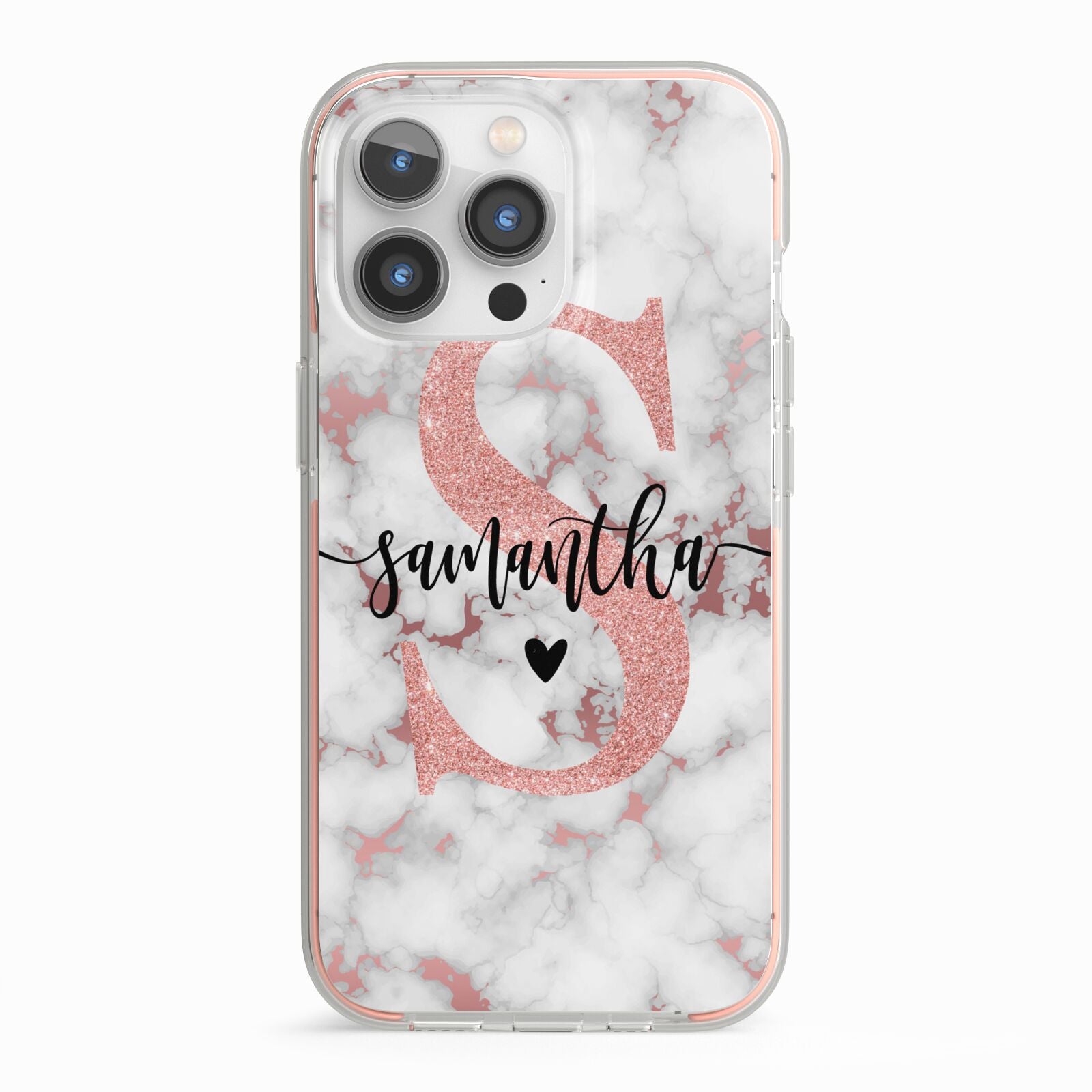 Rose Gold Personalised Marble Glitter Initial Name iPhone 13 Pro TPU Impact Case with Pink Edges