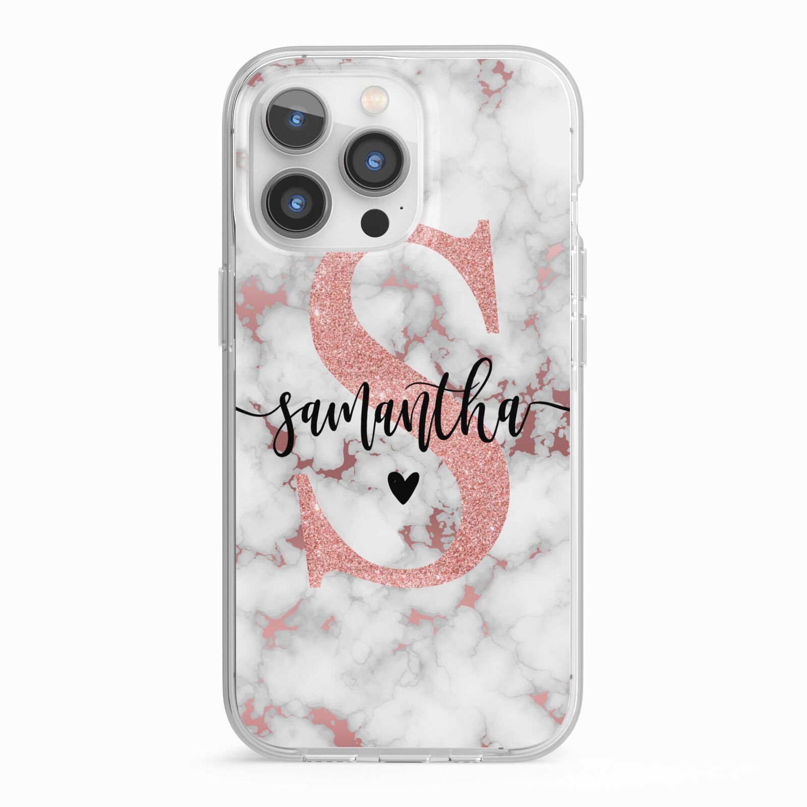 Rose Gold Personalised Marble Glitter Initial Name iPhone 13 Pro TPU Impact Case with White Edges