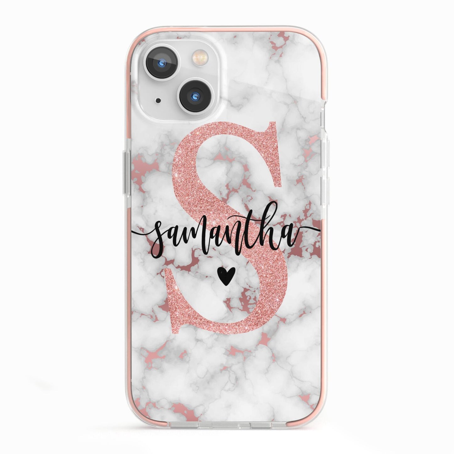 Rose Gold Personalised Marble Glitter Initial Name iPhone 13 TPU Impact Case with Pink Edges