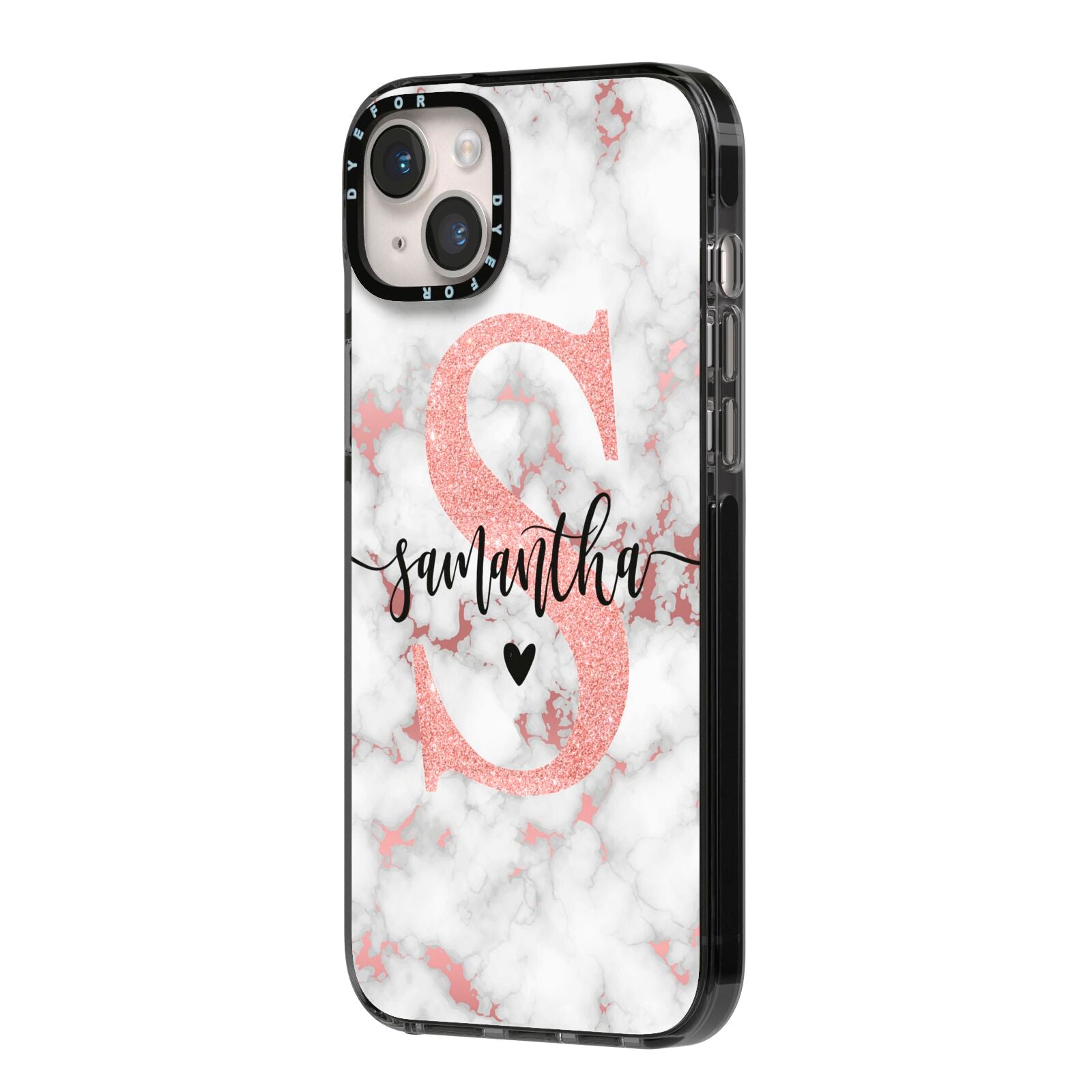 Rose Gold Personalised Marble Glitter Initial Name iPhone 14 Plus Black Impact Case Side Angle on Silver phone