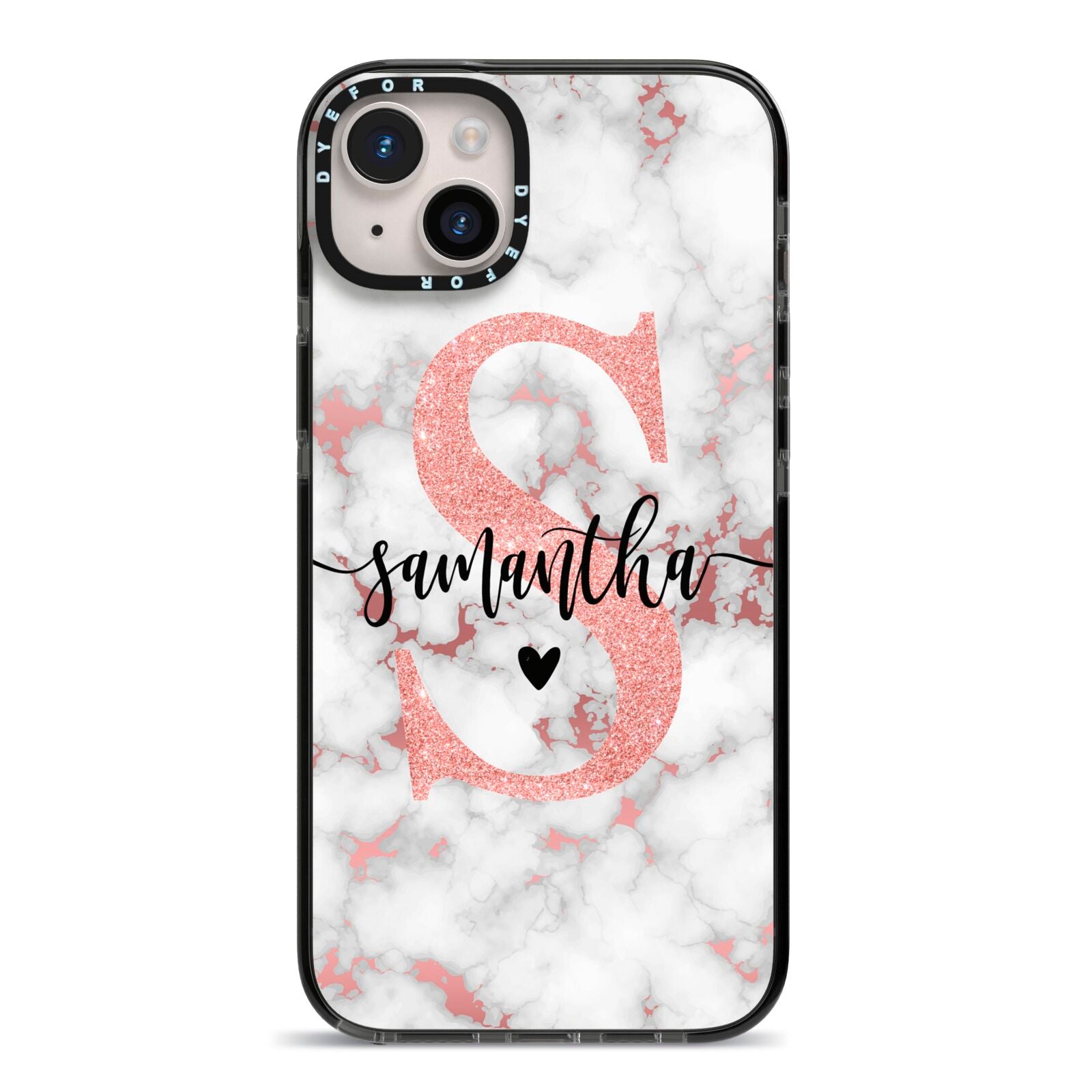 Rose Gold Personalised Marble Glitter Initial Name iPhone 14 Plus Black Impact Case on Silver phone