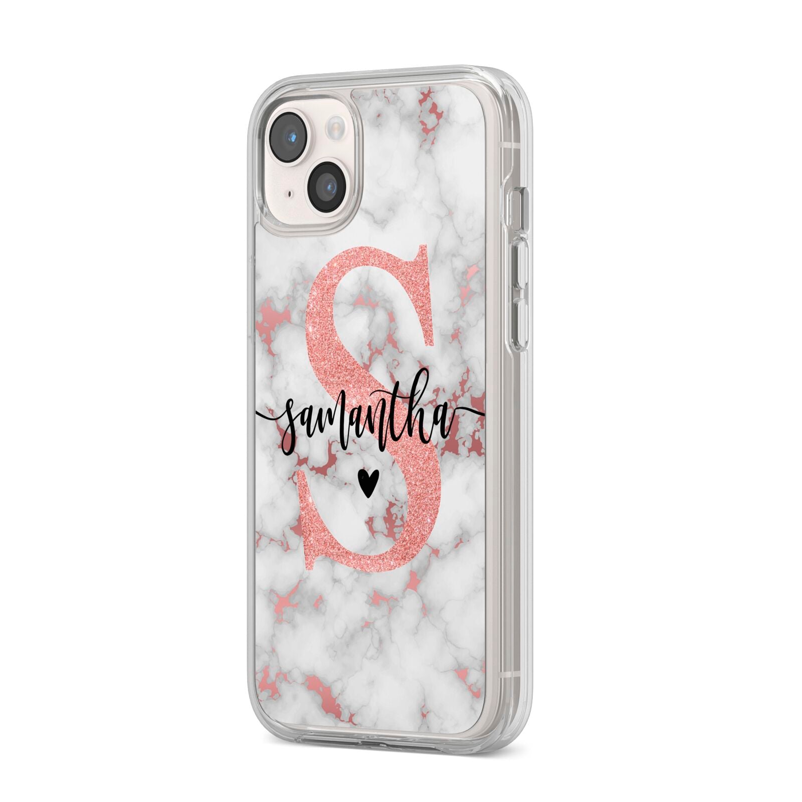 Rose Gold Personalised Marble Glitter Initial Name iPhone 14 Plus Clear Tough Case Starlight Angled Image