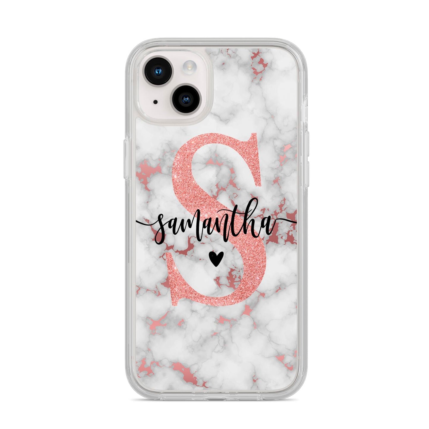 Rose Gold Personalised Marble Glitter Initial Name iPhone 14 Plus Clear Tough Case Starlight