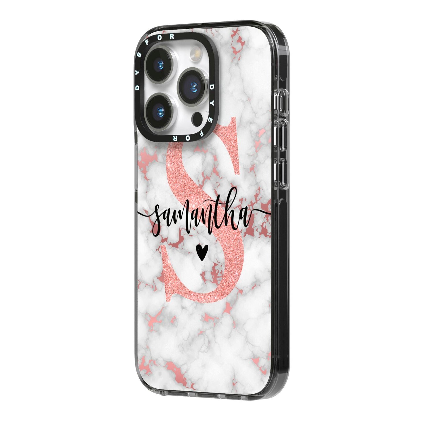 Rose Gold Personalised Marble Glitter Initial Name iPhone 14 Pro Black Impact Case Side Angle on Silver phone