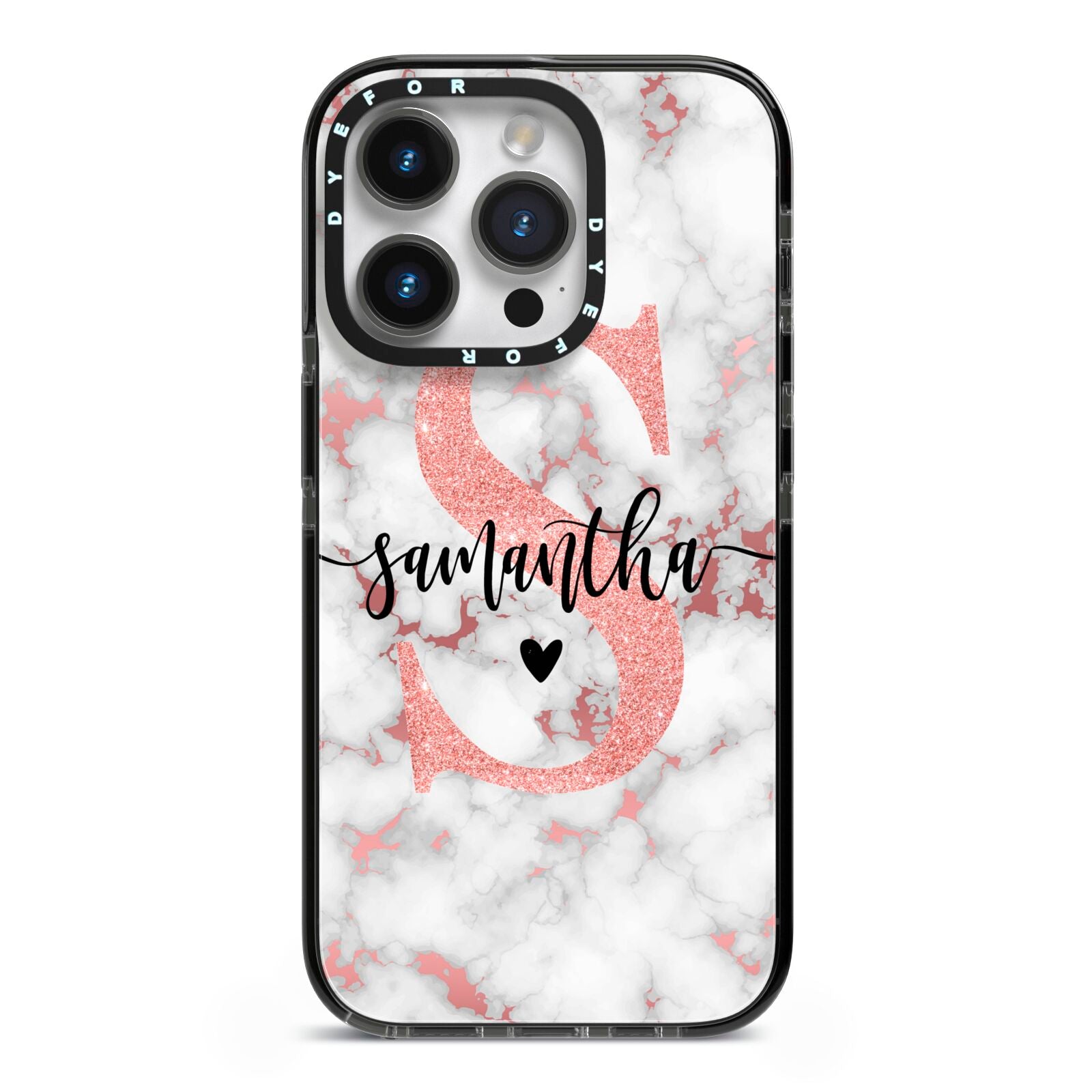 Rose Gold Personalised Marble Glitter Initial Name iPhone 14 Pro Black Impact Case on Silver phone