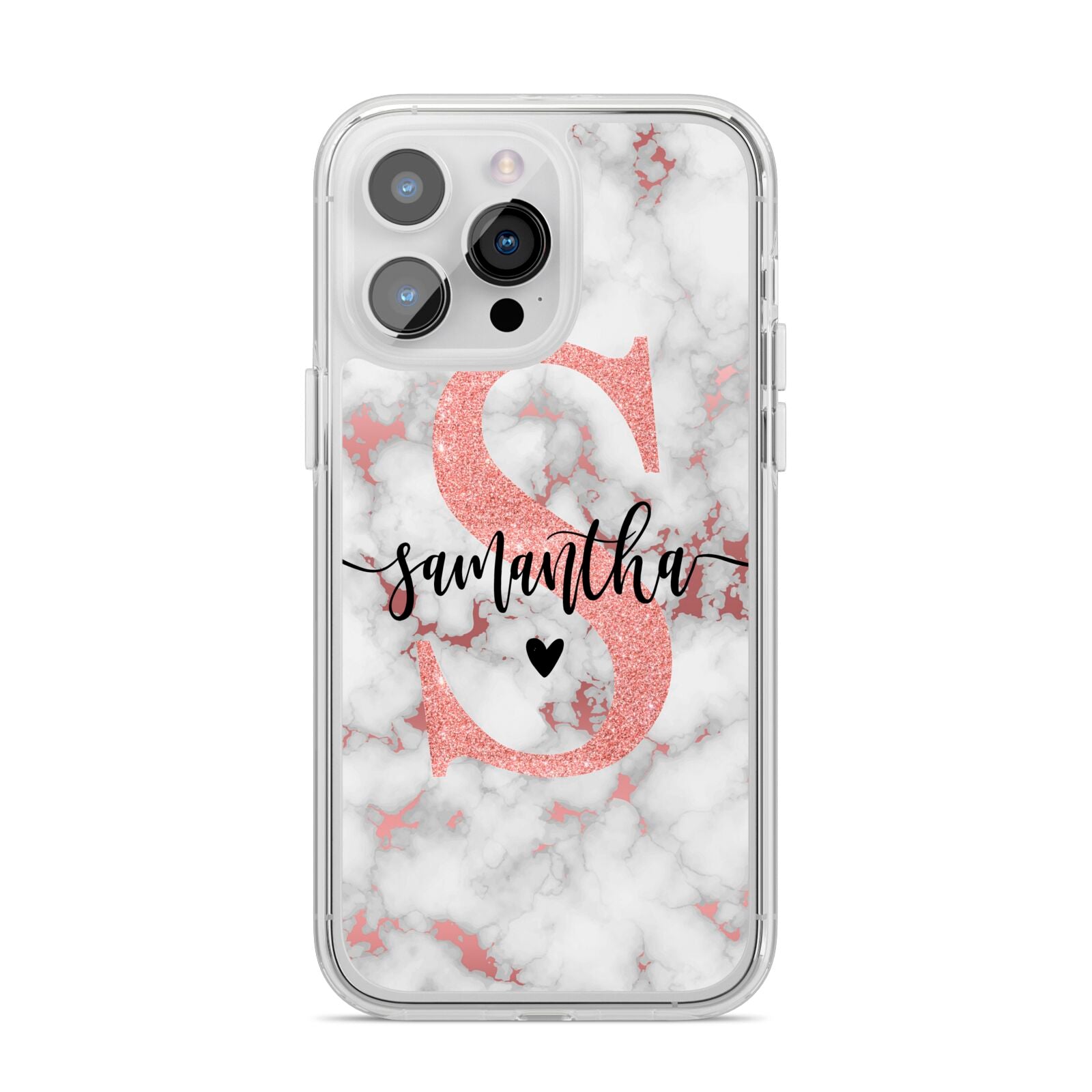 Rose Gold Personalised Marble Glitter Initial Name iPhone 14 Pro Max Clear Tough Case Silver