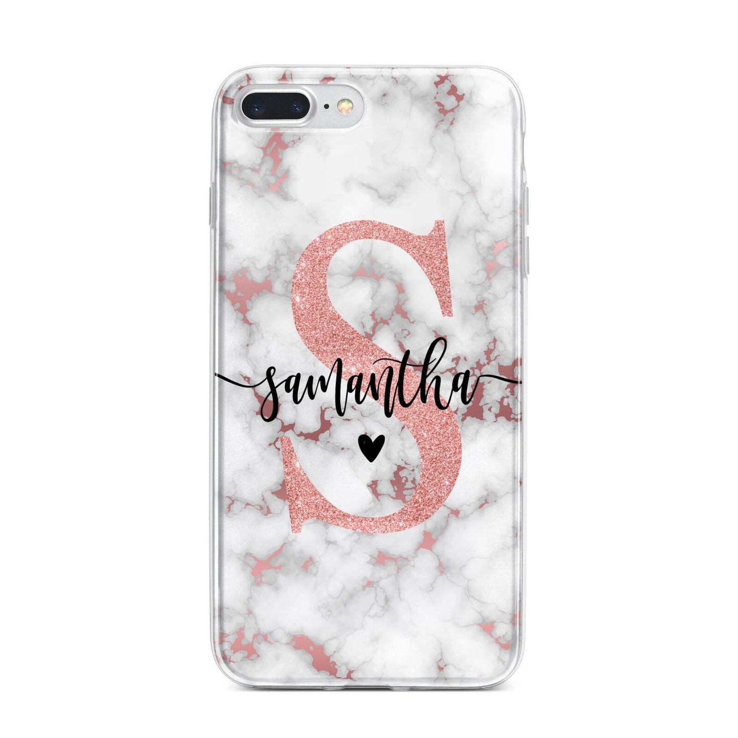 Rose Gold Personalised Marble Glitter Initial Name iPhone 7 Plus Bumper Case on Silver iPhone