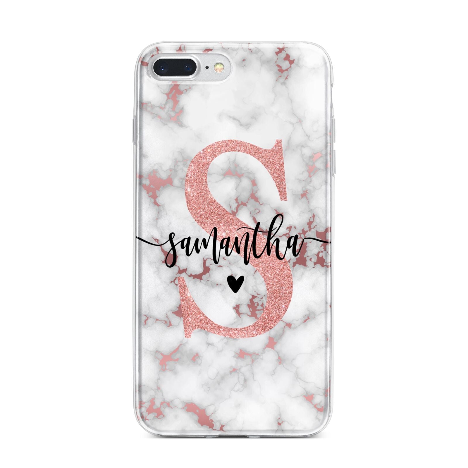 Rose Gold Personalised Marble Glitter Initial Name iPhone 7 Plus Bumper Case on Silver iPhone