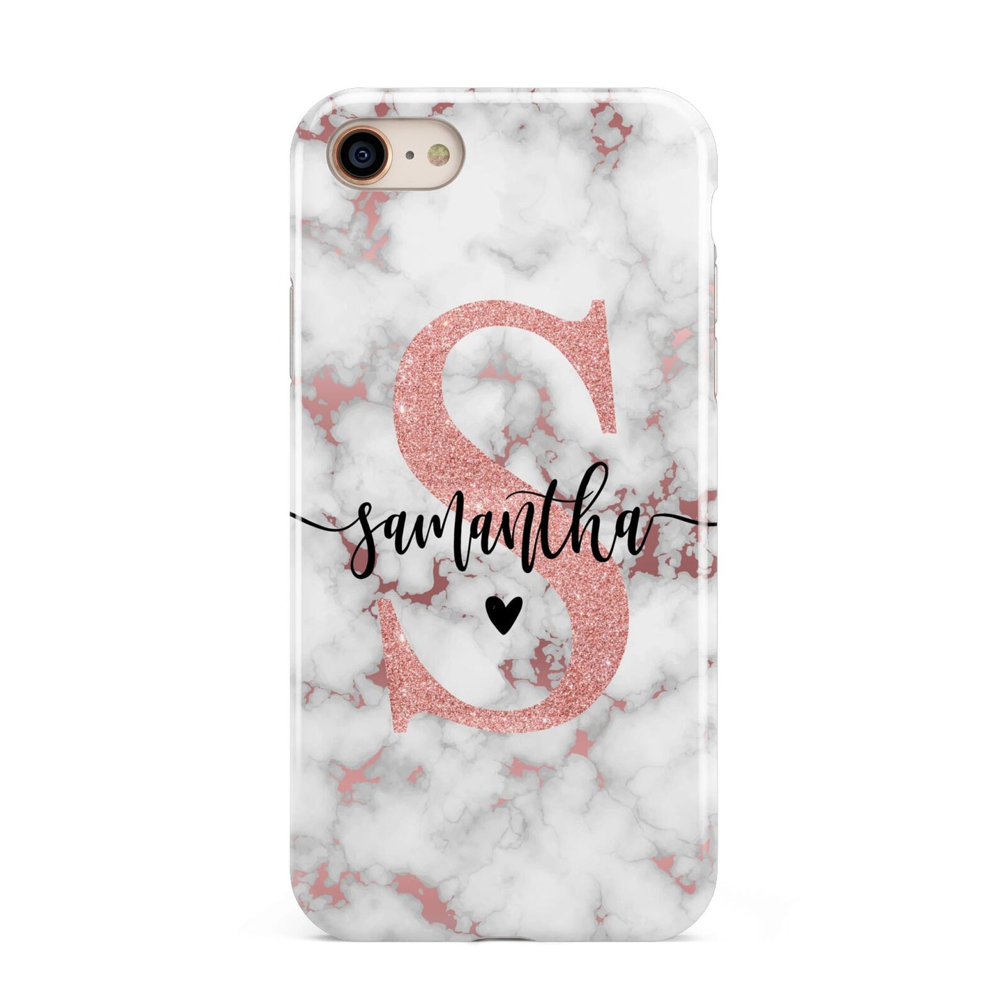 Rose Gold Personalised Marble Glitter Initial Name iPhone 8 3D Tough Case on Gold Phone