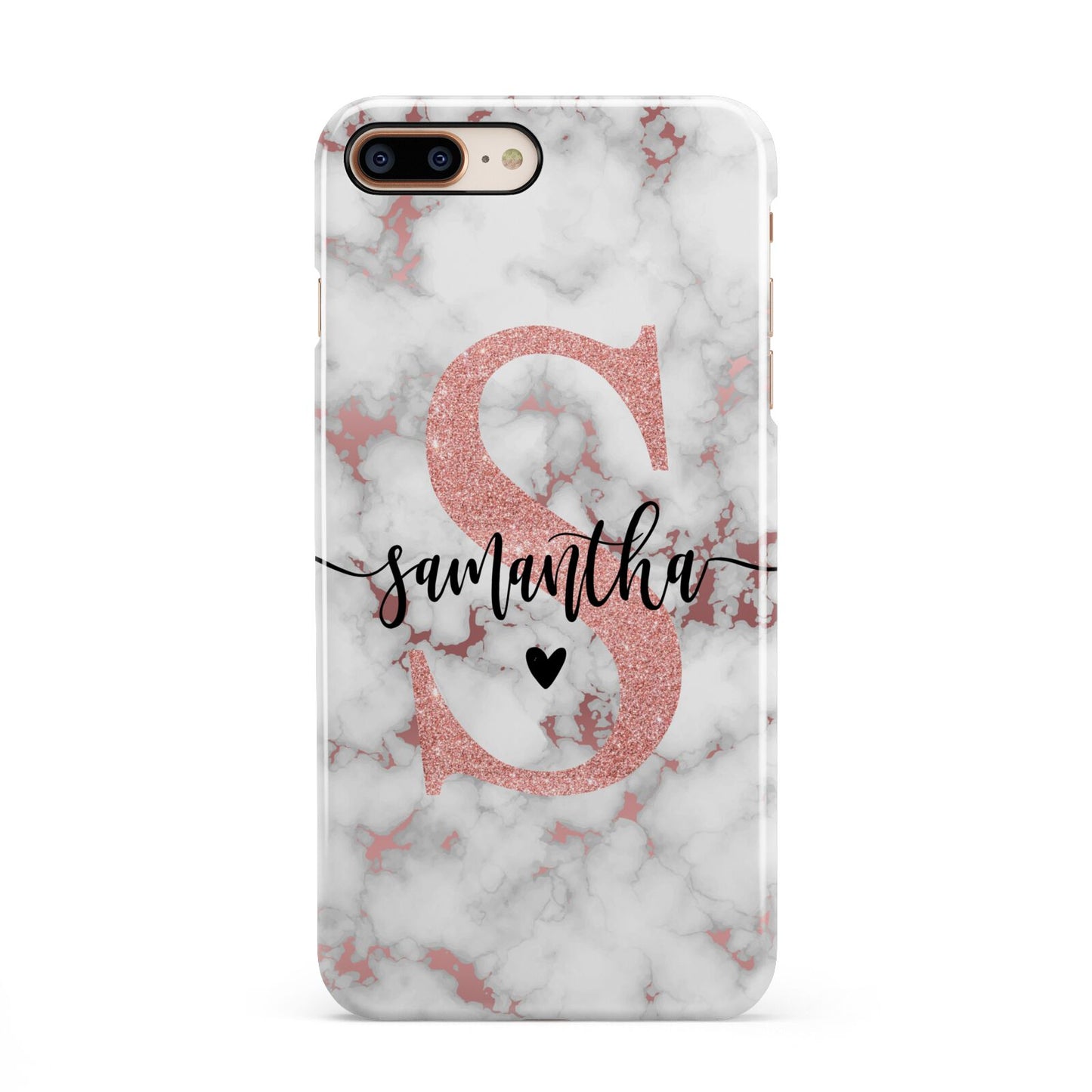 Rose Gold Personalised Marble Glitter Initial Name iPhone 8 Plus 3D Snap Case on Gold Phone