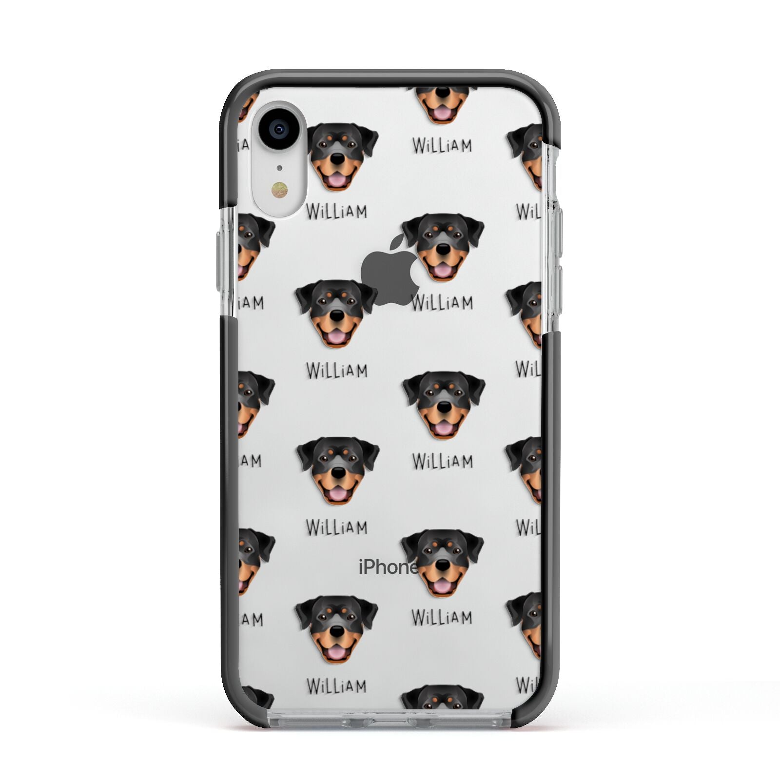 Rottweiler Icon with Name Apple iPhone XR Impact Case Black Edge on Silver Phone