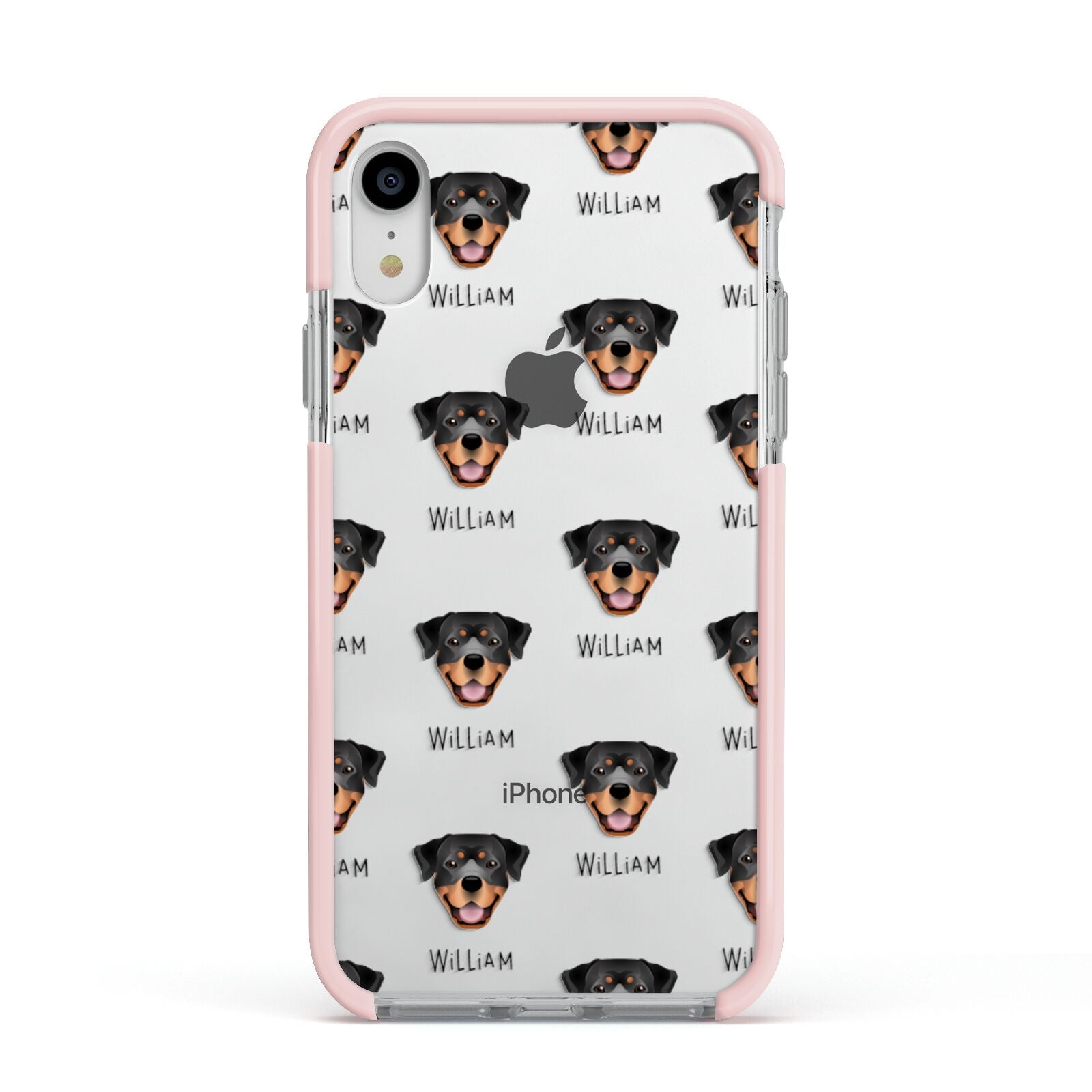 Rottweiler Icon with Name Apple iPhone XR Impact Case Pink Edge on Silver Phone