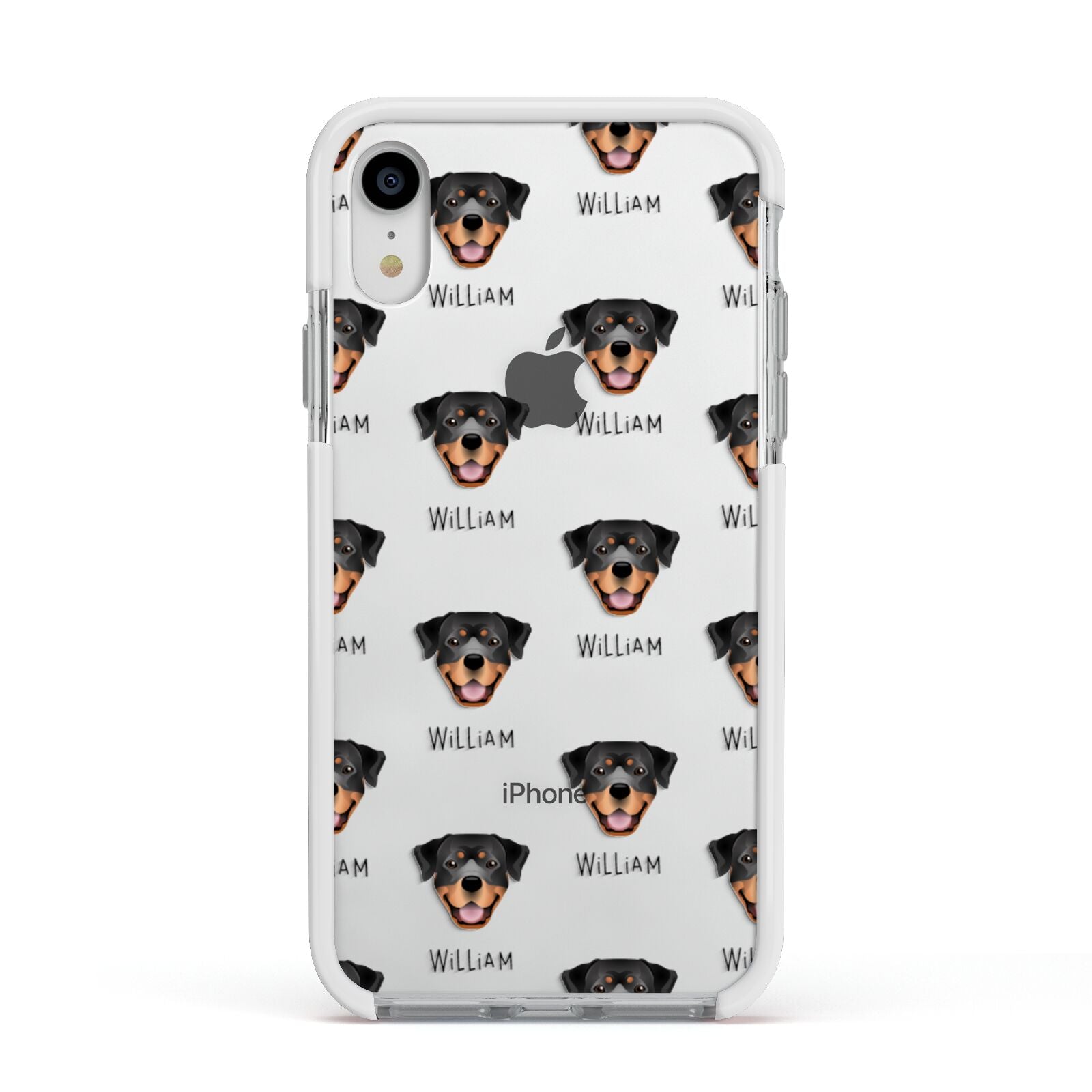 Rottweiler Icon with Name Apple iPhone XR Impact Case White Edge on Silver Phone